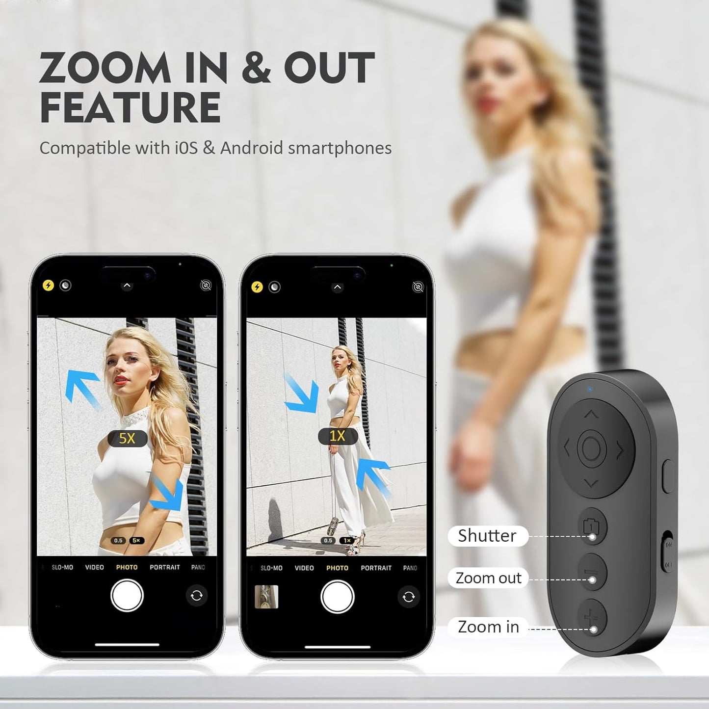 Wireless Camera Remote Control with Zoom in/Out for Android & iPhone,Versatile Shutter with Front/Rear Camera