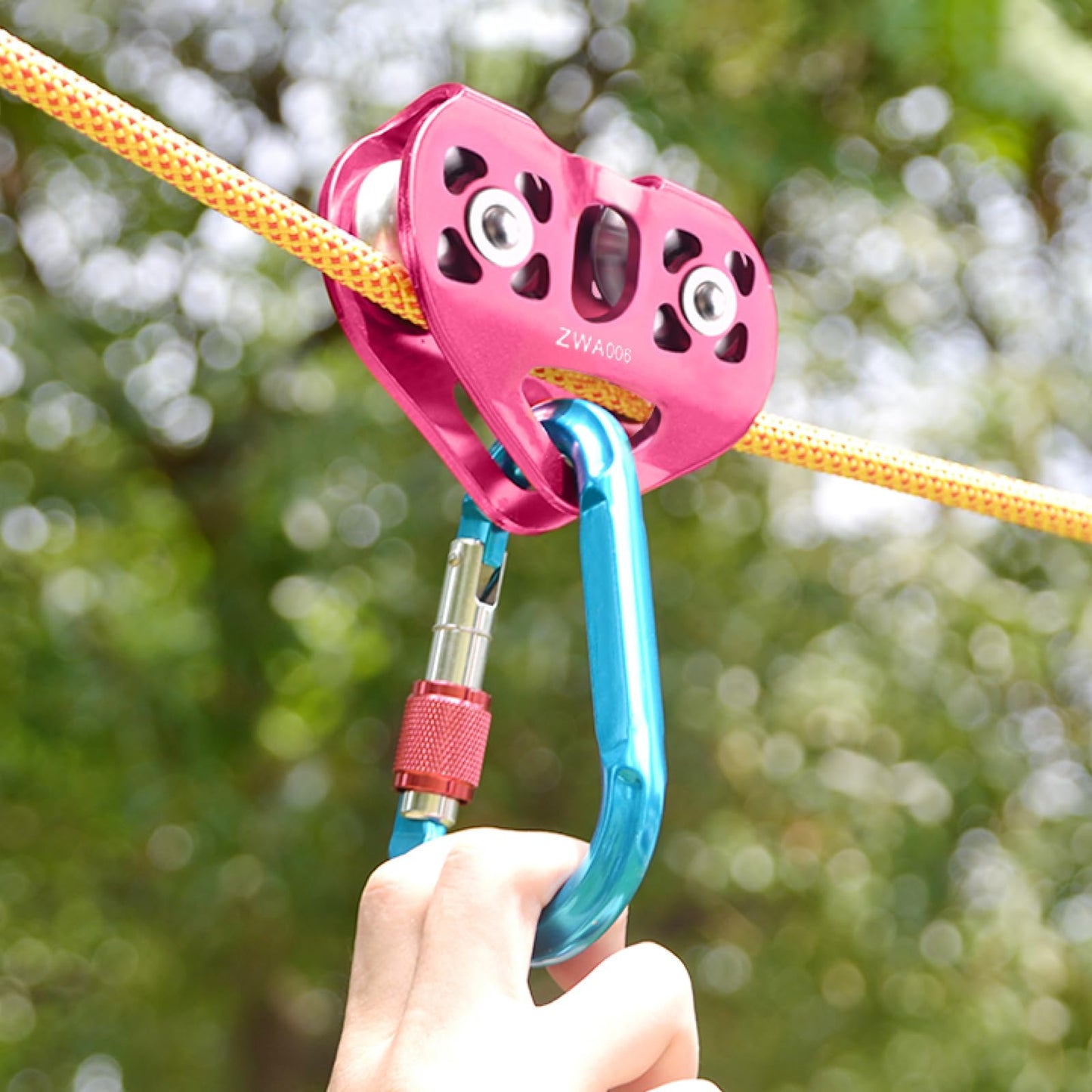 TRIWONDER 30kN Zipline Pulley 6700LBS Zip Line Tandem Dual Trolley Kit for Cable & Rope Heavy Duty for Rescue Climbing Hauling Backyard Zipline Mountaineering Rigging (Red)