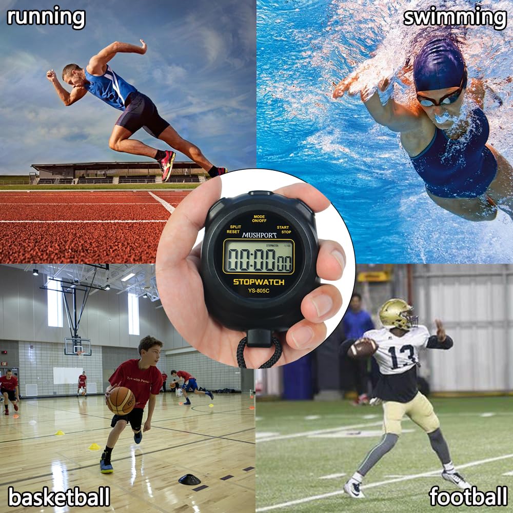 MUSHPORT 2 Pack Digital Stopwatch Sport Timer, ON/Off Countdown Large Display Simple Stop Watch for Sports Coaches PE-Teacher Referees, Black
