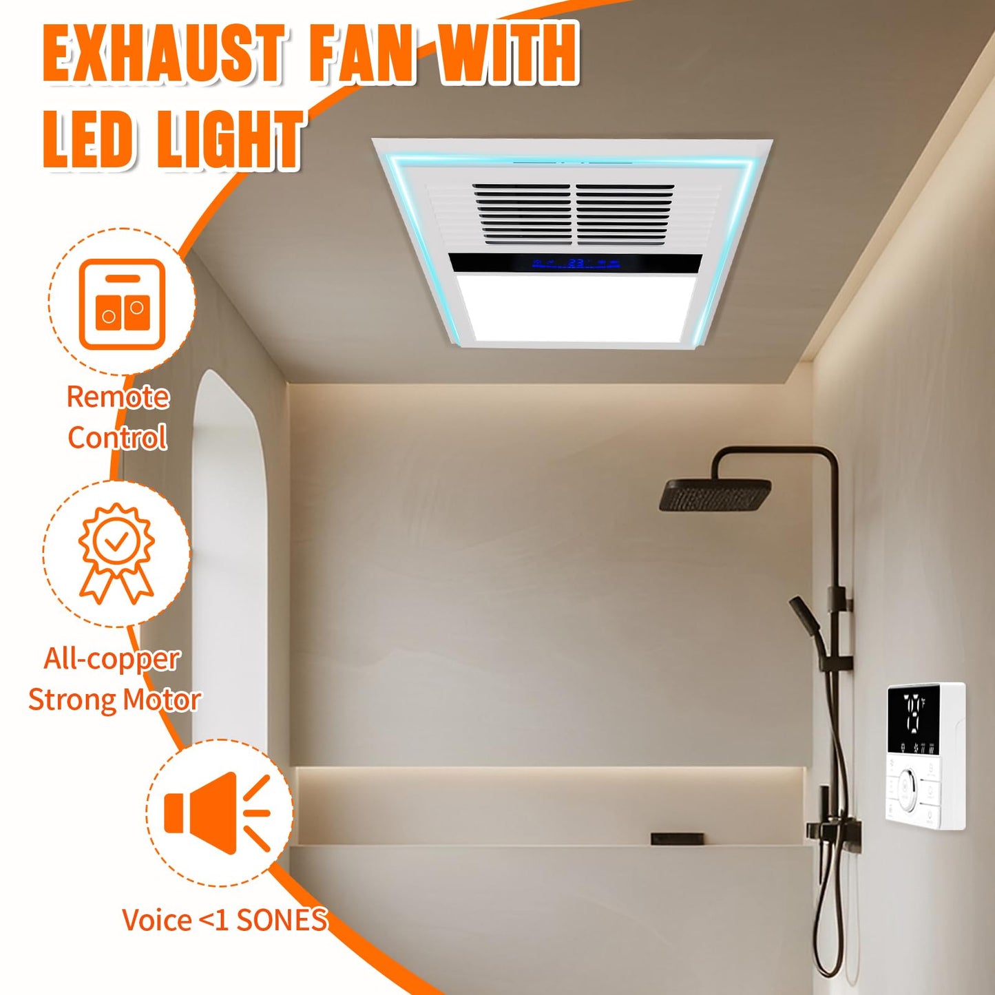Fantspati 4 in 1 Bathroom Exhaust Fan with Heater and Light, 2800W Heater, 211CFM, 5-Color Mood Lighting, Low Noise, with Wall Control for Bathroom and Toilet