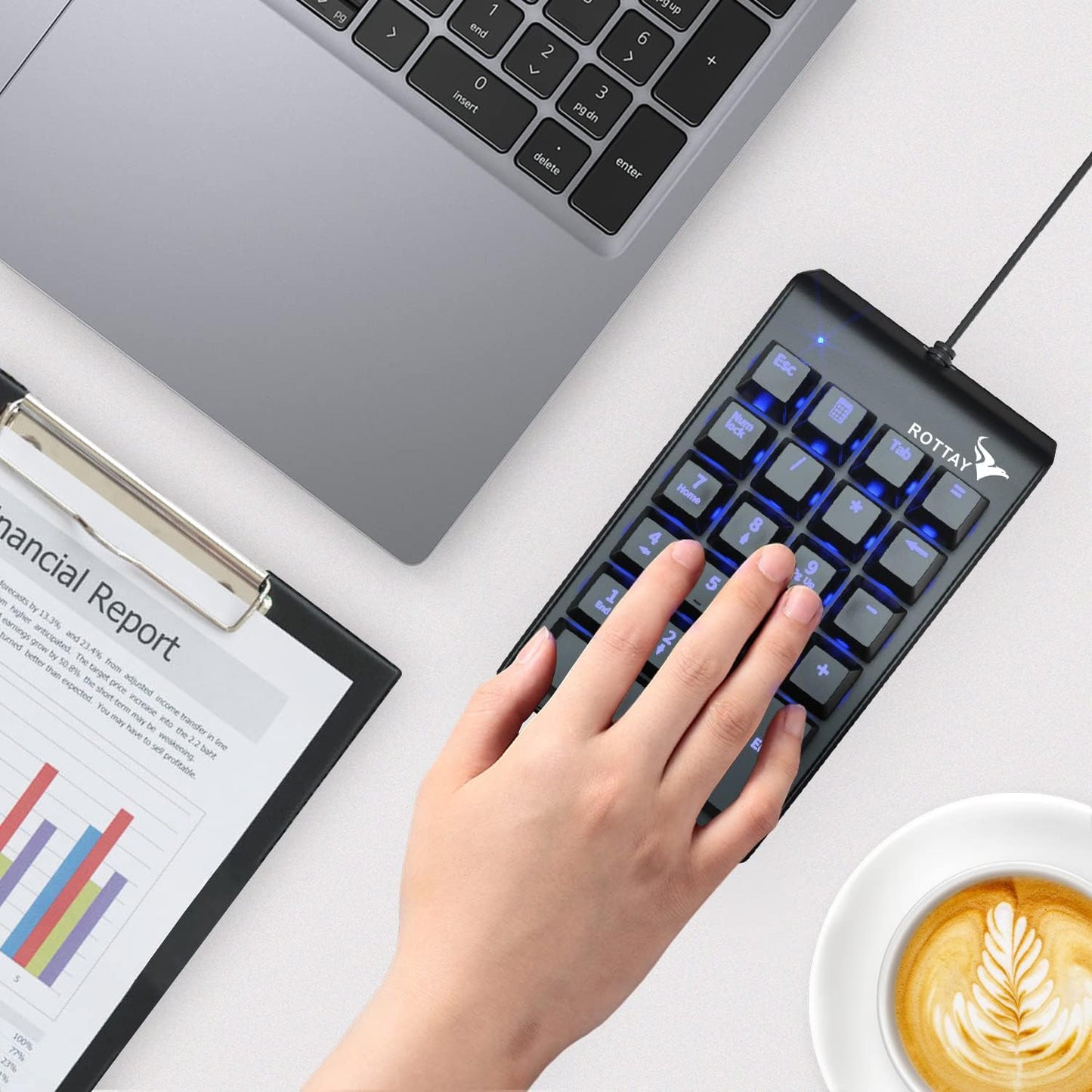 Rottay 22 Number Pad, Mechanical USB Wired Numeric Keypad with Blue LED Backlit Key Numpad for Laptop Desktop Computer