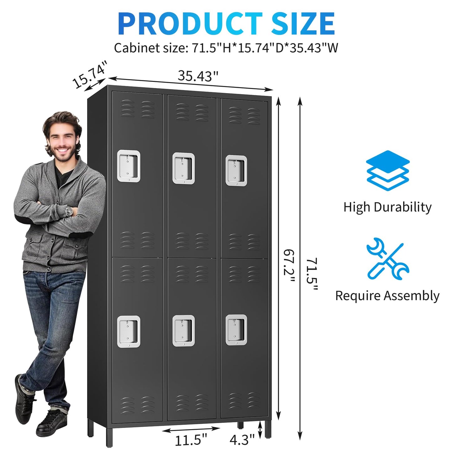72" Industrial-Grade 9-Door Steel Storage System - 9 Shelves + 29 Multi-Purpose Hooks, Modular Locker Cabinet for Warehouse/School/Home Gym (Reinforced Steel Frame + Anti-Slip Base Plates) - Black