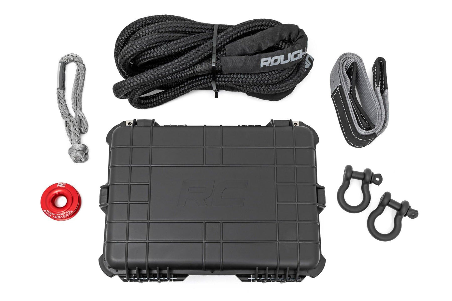 Rough Country Winch Recovery Kit for Synthetic Cable Winches - Complete Off-Road Kit with Tow Strap, D-Rings, Snatch Block, Gloves & Case