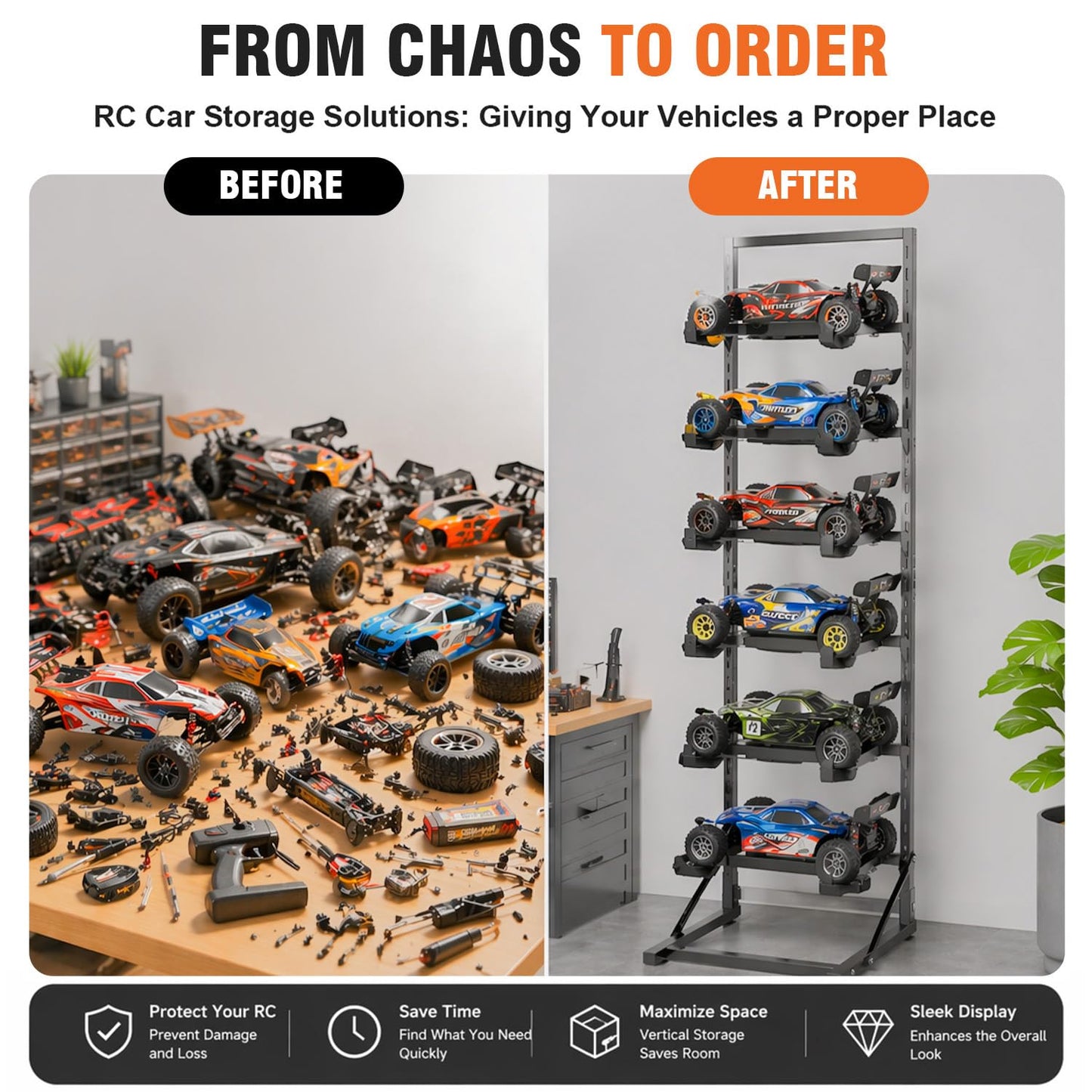 Jasdego 6-Tier RC Car Storage Rack, Adjustable Width & Height RC Car Display Stand for 1/6 1/10 1/12 1/18 1/24 Scale RC Cars & Trucks, Metal RC Crawler Workstation Shelf Organizer with Lockable Wheels