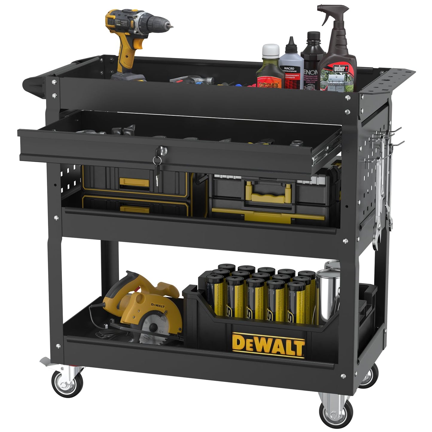 Granper 3 Tier Rolling Cart, Heavy Duty Utility Industrial Service Carts on Wheels, Metal Tool Cart with Locked Drawers, Ideal for Garage, Warehouse and Repair Shop（Black）