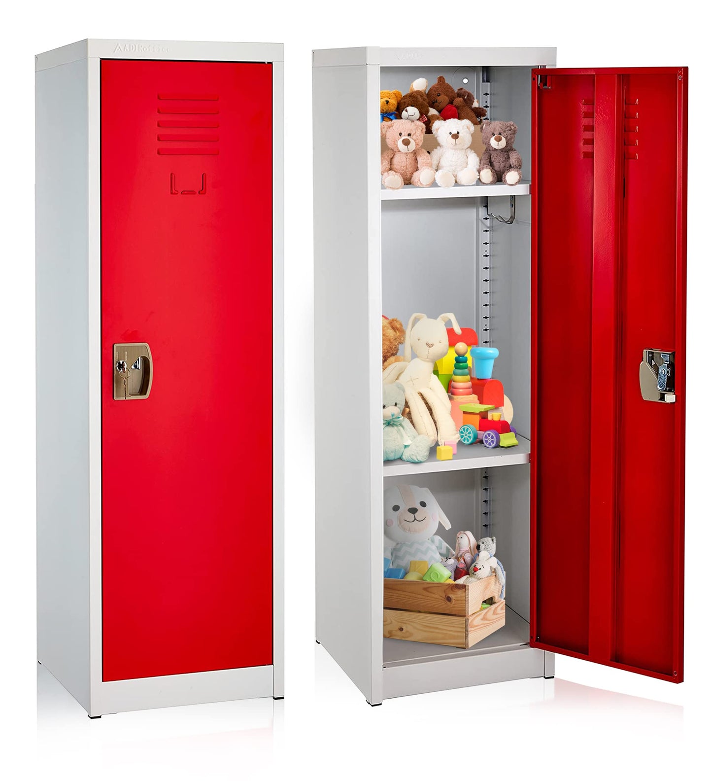 AdirOffice Kids Steel Metal Storage Locker - for Home & School - with Key & Hanging Rods (48 in 1 Door, Red)