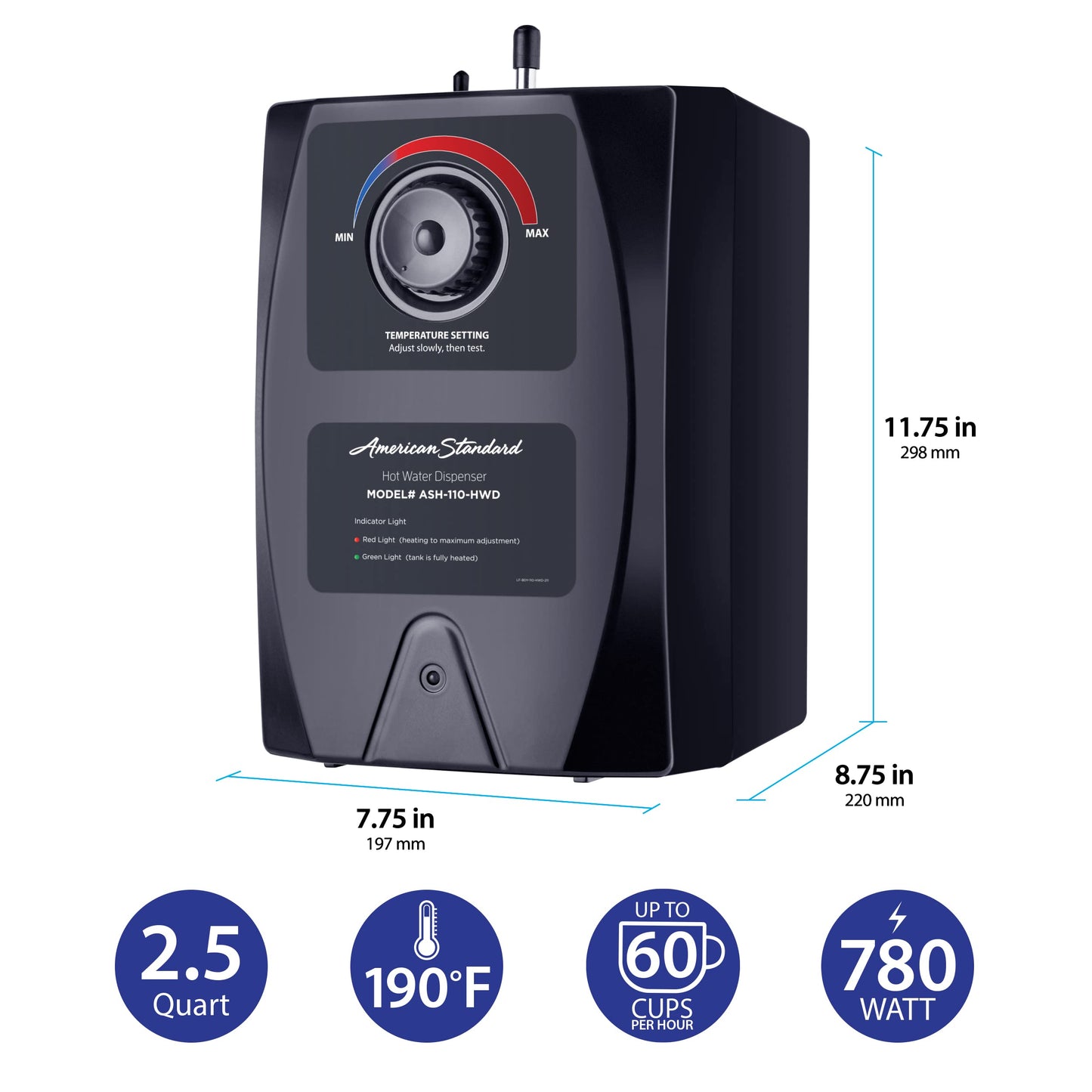 American Standard ASH-110 Hot Water Dispenser, Includes Polished Chrome Dual Handle Water Faucet 780 Watts, 110v