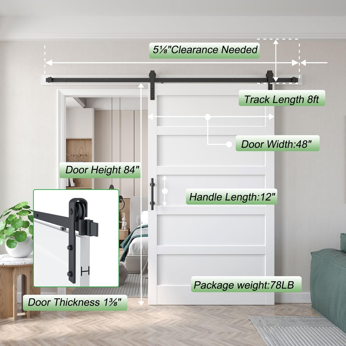 Fredbeck 48x84 inch White Barn Door with 8FT Sliding Door Hardware Kit Included & Handle,MDF,Solid PVC Surface,DIY Assembly,5-Panel,Fit 45in-47in Opening