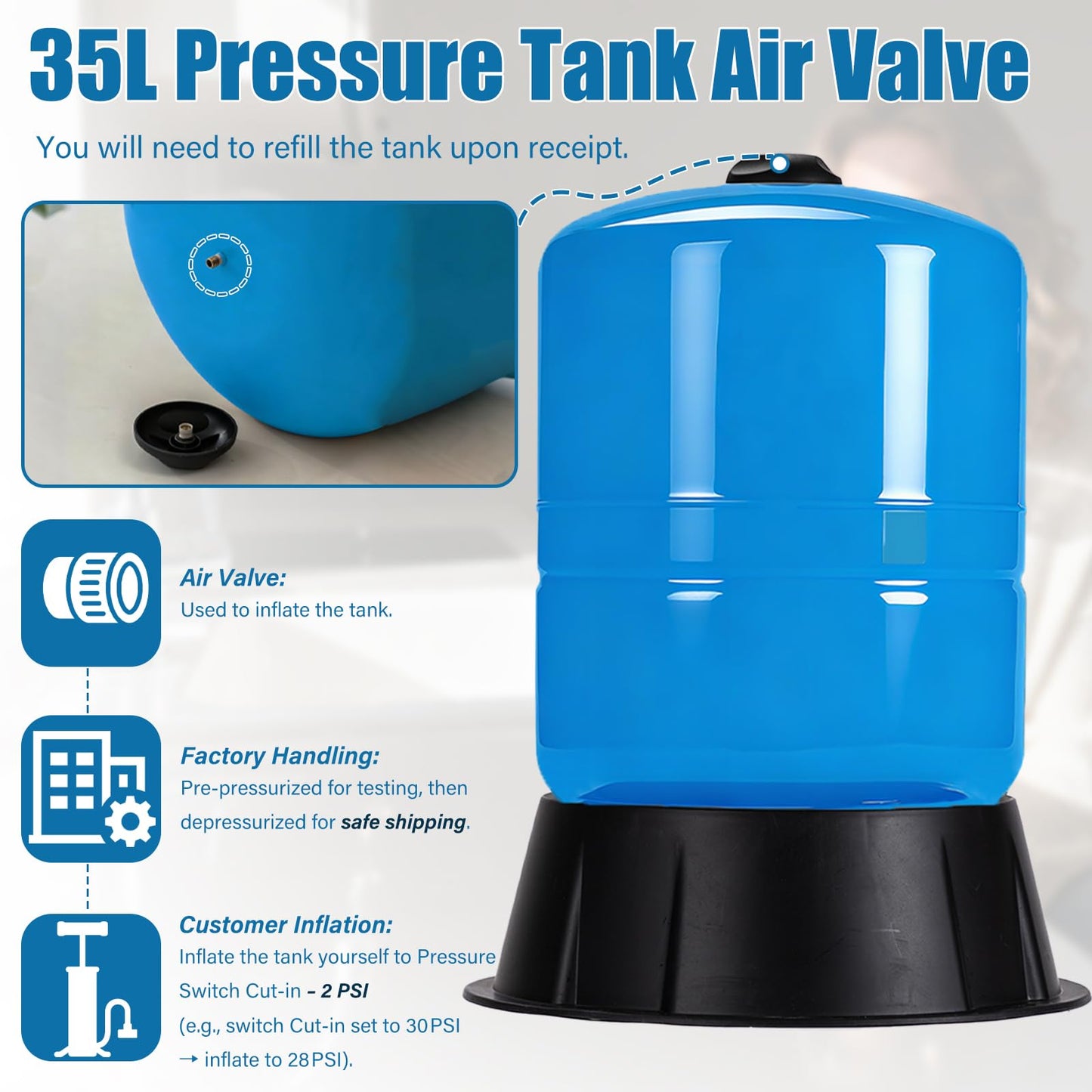 Water Pressure Tank For Well Systems, Vertical Pressurized Tank/Bladder Tank with Diaphragm & Drinking Liner, for Home Domestic Water Supply (8GAL)