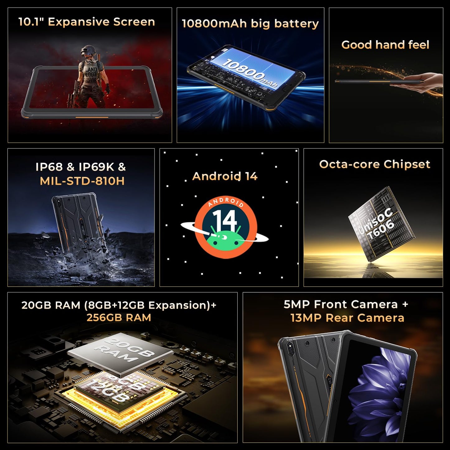 HOTWAV R10 Pro Rugged Tablet Android 14-10.1 Inch HD+ 10800mAh Waterproof Tablet, 20GB RAM+256GB ROM/1TB TF Work Tablets, 13MP+5MP Camera Octa-Core IP68&IP69K/4G-LTE/5G WiFi/Face ID/GPS/OTG