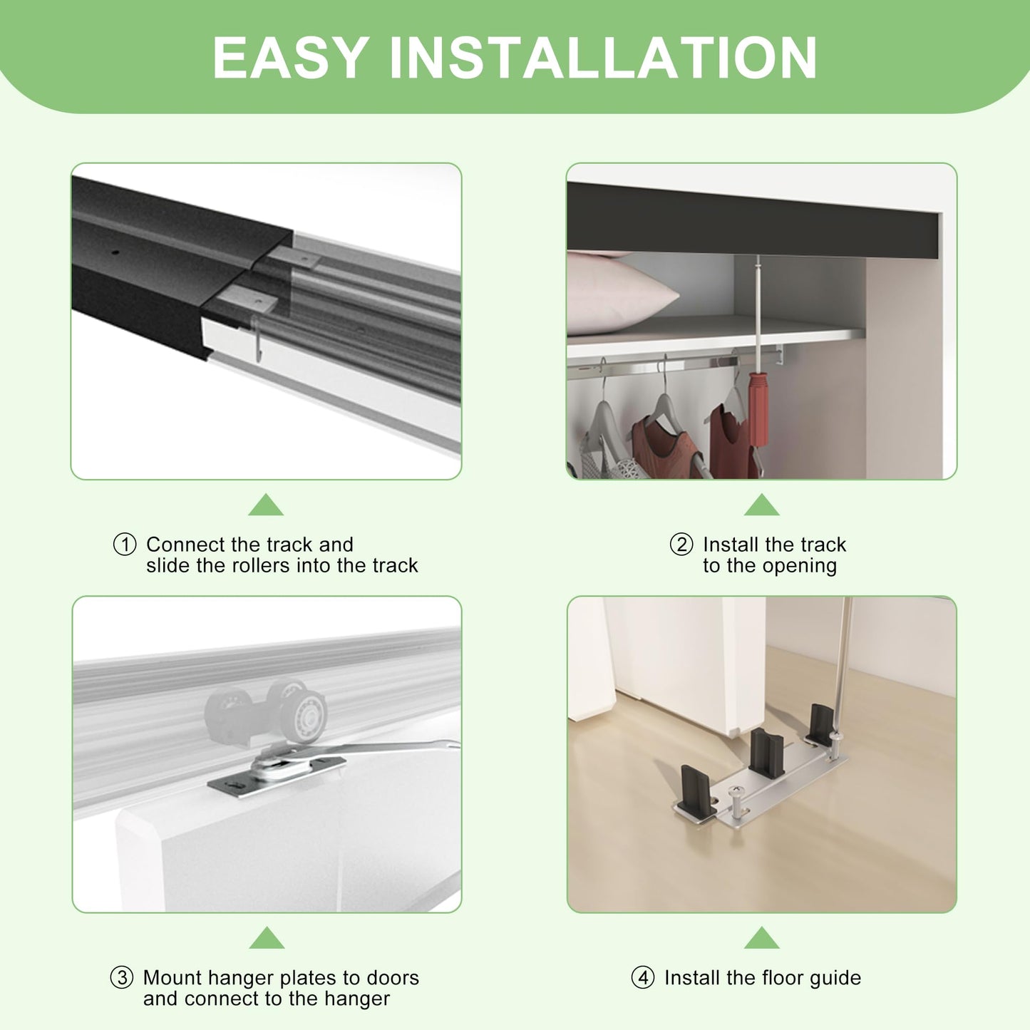 BarnBase 4FT/48" Bypass Door Hardware, Aluminum Double-Closing Sliding Closet Door Hardware with Finger Pull Included, Smoothly and Quietly, Fit Door Thickness 1 3/8" or 1 3/4", Black