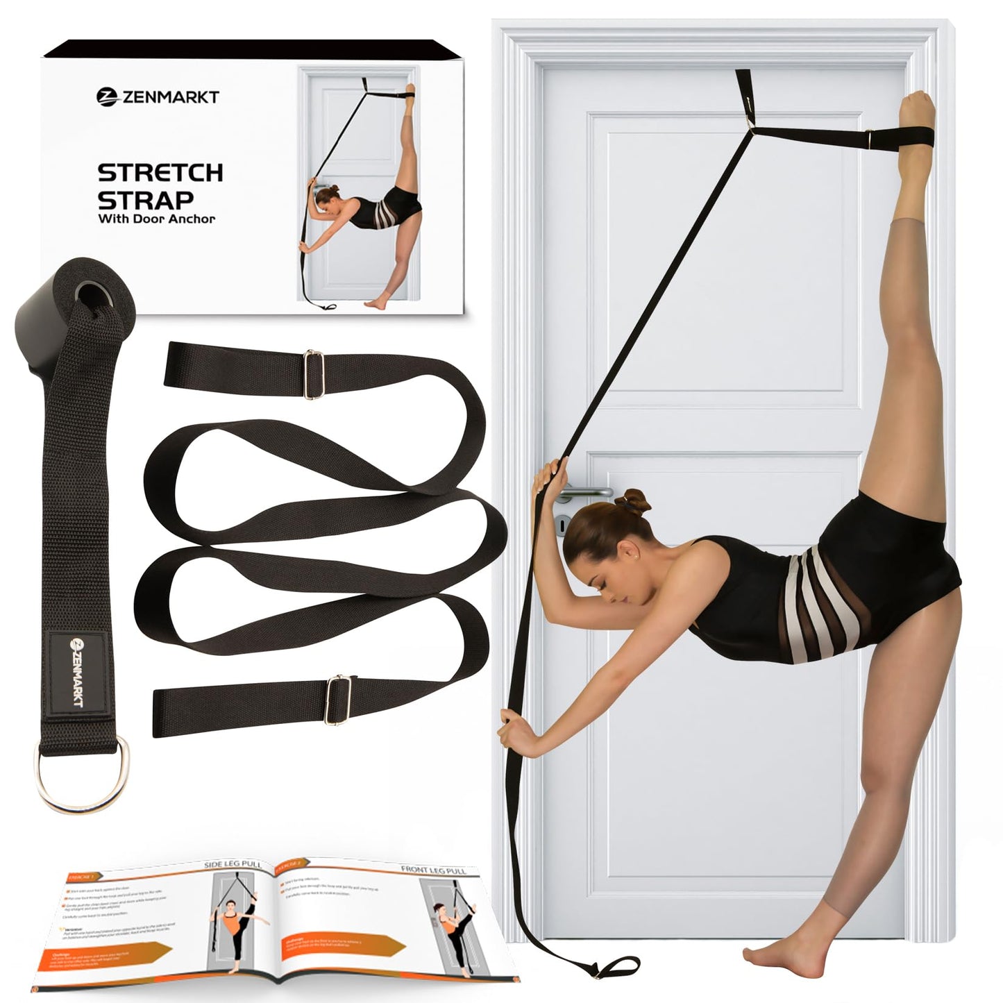 Stretching Strap With Door Anchor - Stretching Equipment to Improve Legs Flexibility - Splits Trainer For Home Ideal In Ballet, Dance, Cheerleading, Taekwondo, Yoga, Pole Dancing & Gymnastics (Black)