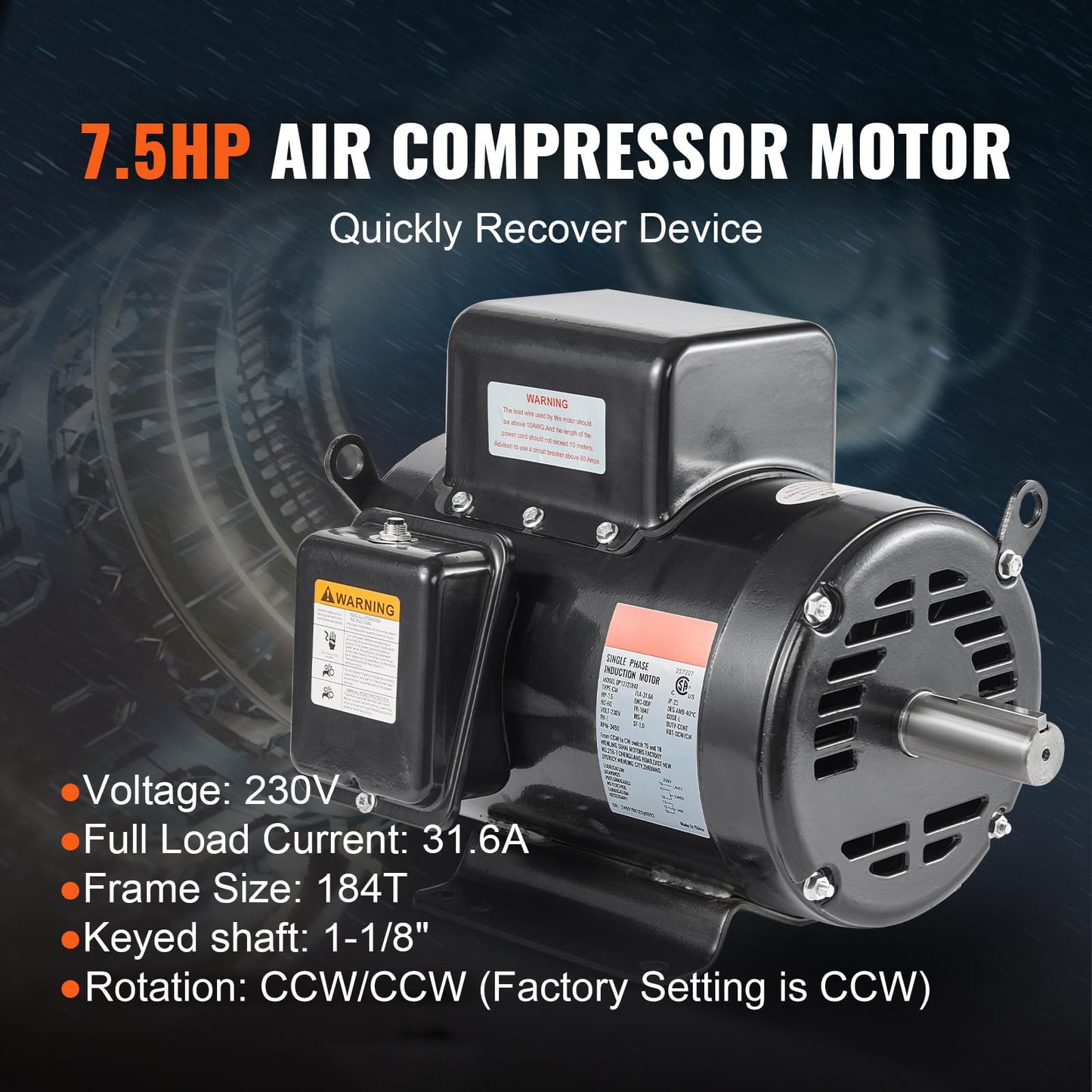 VEVOR 7.5HP Air Compressor Motor, 230V 31.6 Amps Electric Motor, 3450RPM 184T Frame, 1-1/8" Keyed Shaft, 2.75" Shaft Length for Air Compressors, Single Phase, CCW/CCW (Factory Setting is CCW)