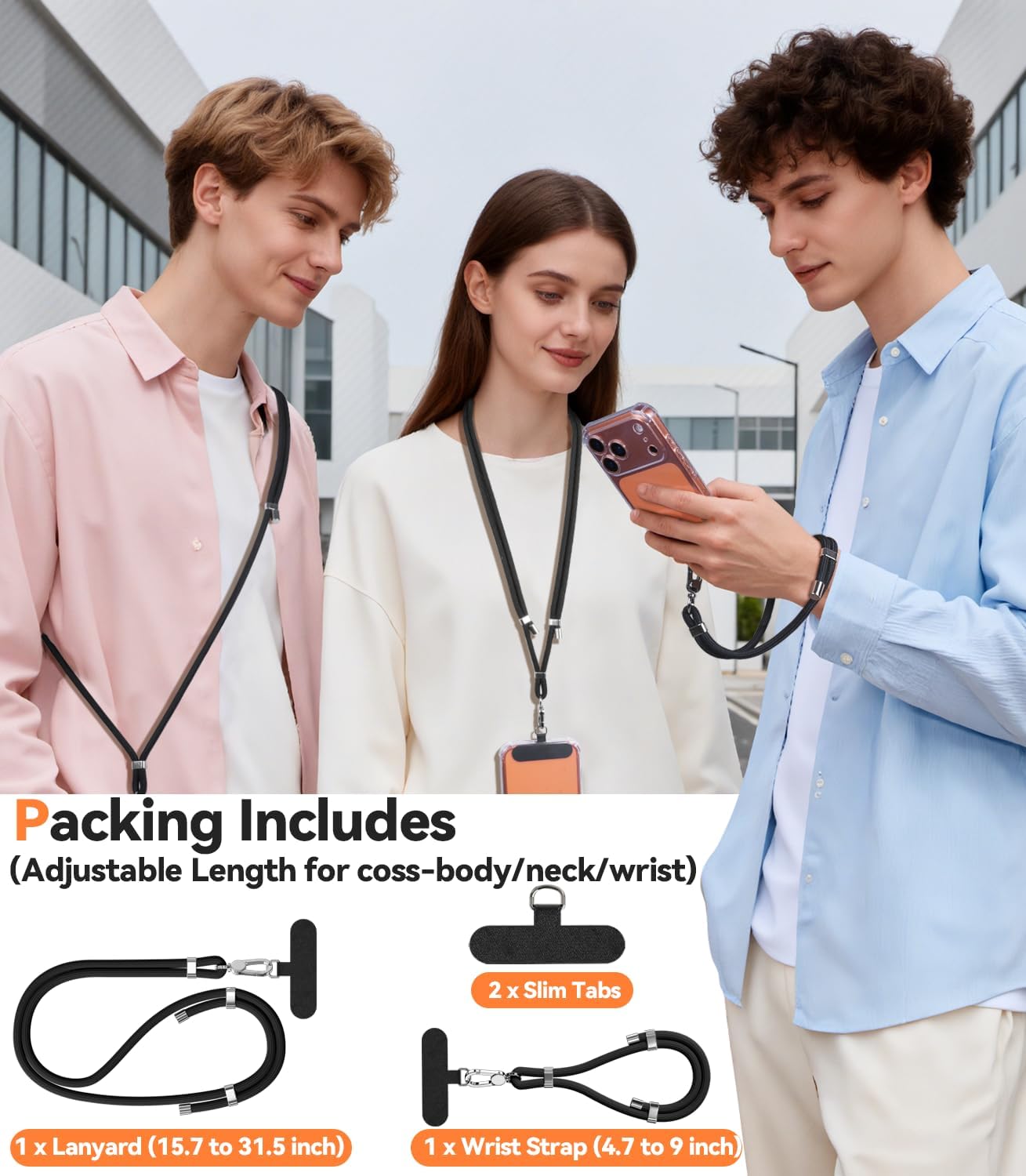 4-IN-1 15-31 inch 2 Phone Lanyard + Wrist Strap, Adjustable Cell Phone Lanyard with Tether Tabs for iPhone,Smartphone