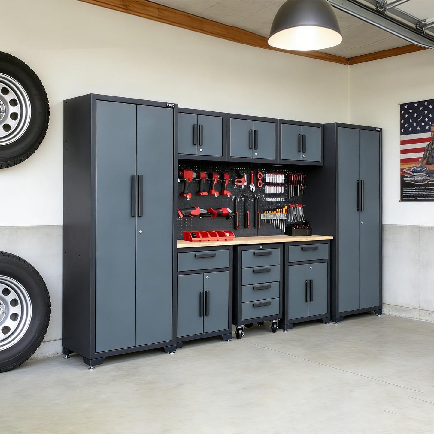 HPDMC Garage Storage Cabinet System 9-Pcs Workshop Set Garage Cabinets and Storage System with Steel Drawers, Rolling Chest, Workbench, Pegboard for Tool Organization
