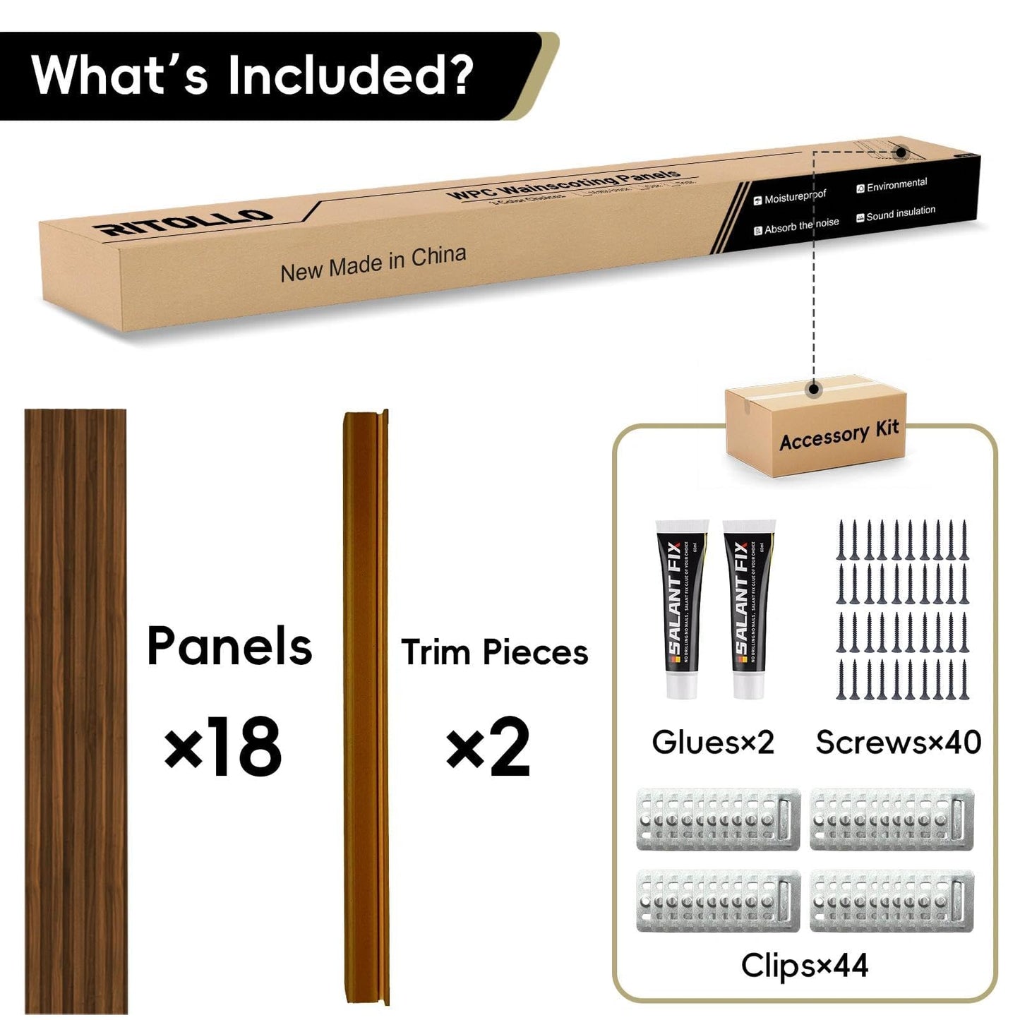RITOLLO 18Pack WPC Wainscoting Panels, 48.2 x 6.2 Inches 3D Accent Slat Wall Panels for Interior Wall Decor, Fluted Wood Paneling for Living Room, TV Background, Office, Bedroom (Teak)
