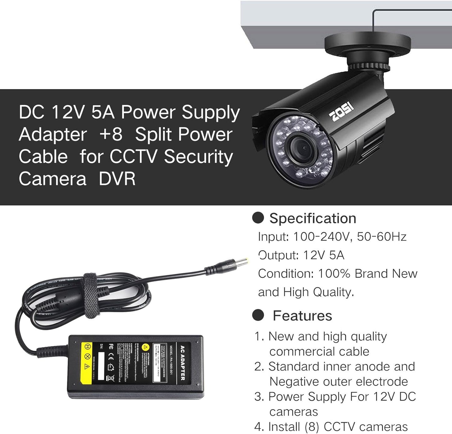 Fancy Buying 12V 5A 100V-240V 8-Way Security Camera Power Adapter AC to DC Power Splitter Cable FCC Certified LED Power