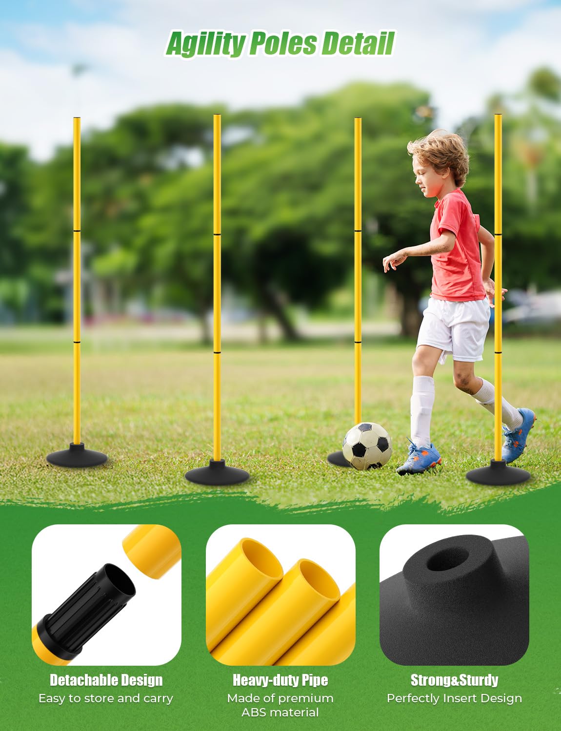 GHB Agility Poles 4 Pack 50" Sports Soccer Training Poles,Detachable Speed Training Equipment Football Accessories with Rubber Base