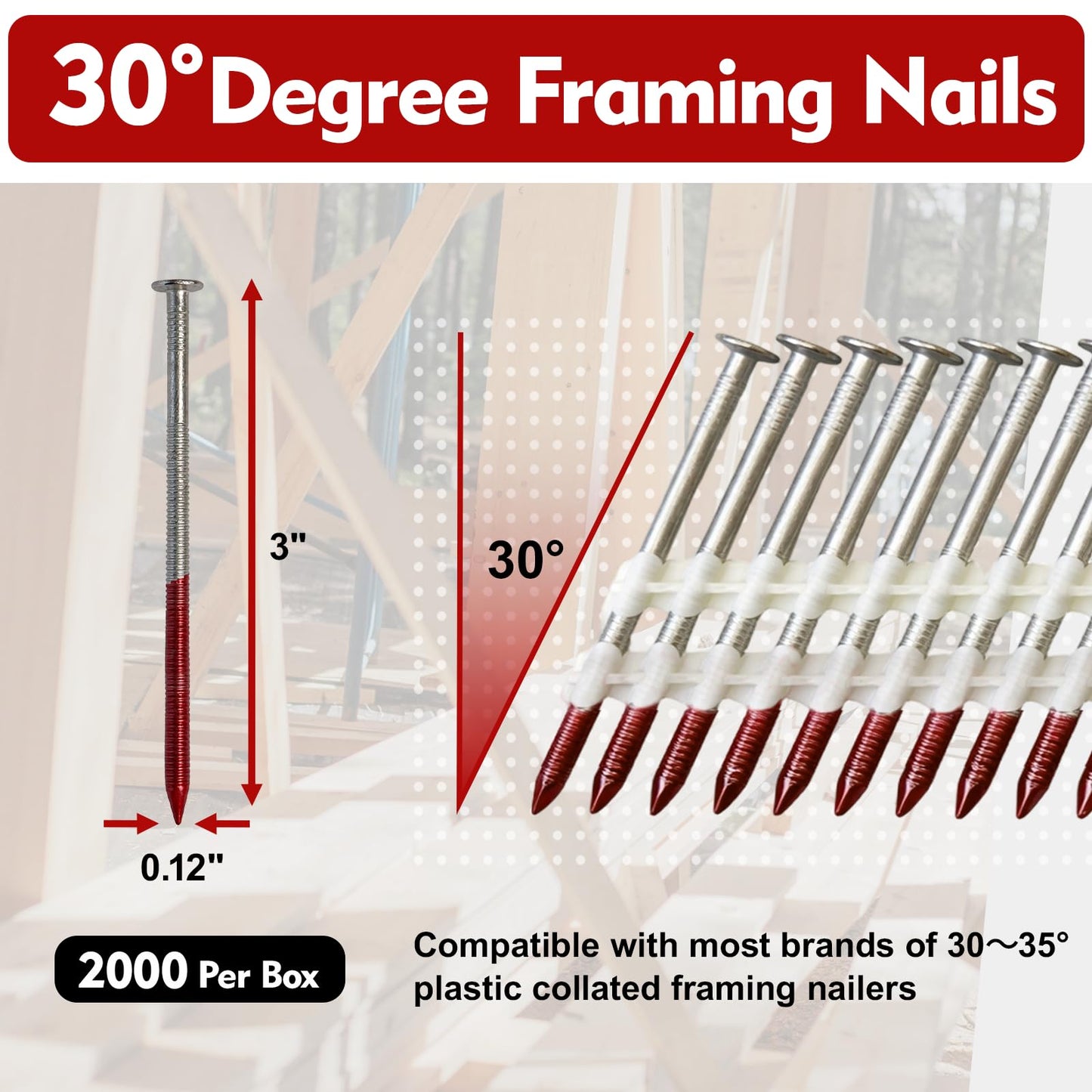FMhotu 30 Degree Framing Nails 3" x .12" 2000PCS Ring Shank Plastic Collated Nails for 30-35 Degree Framing Nailer Gun, Hot Dipped Galvanized Full Round Head Framing Nails for Decking Sheathing