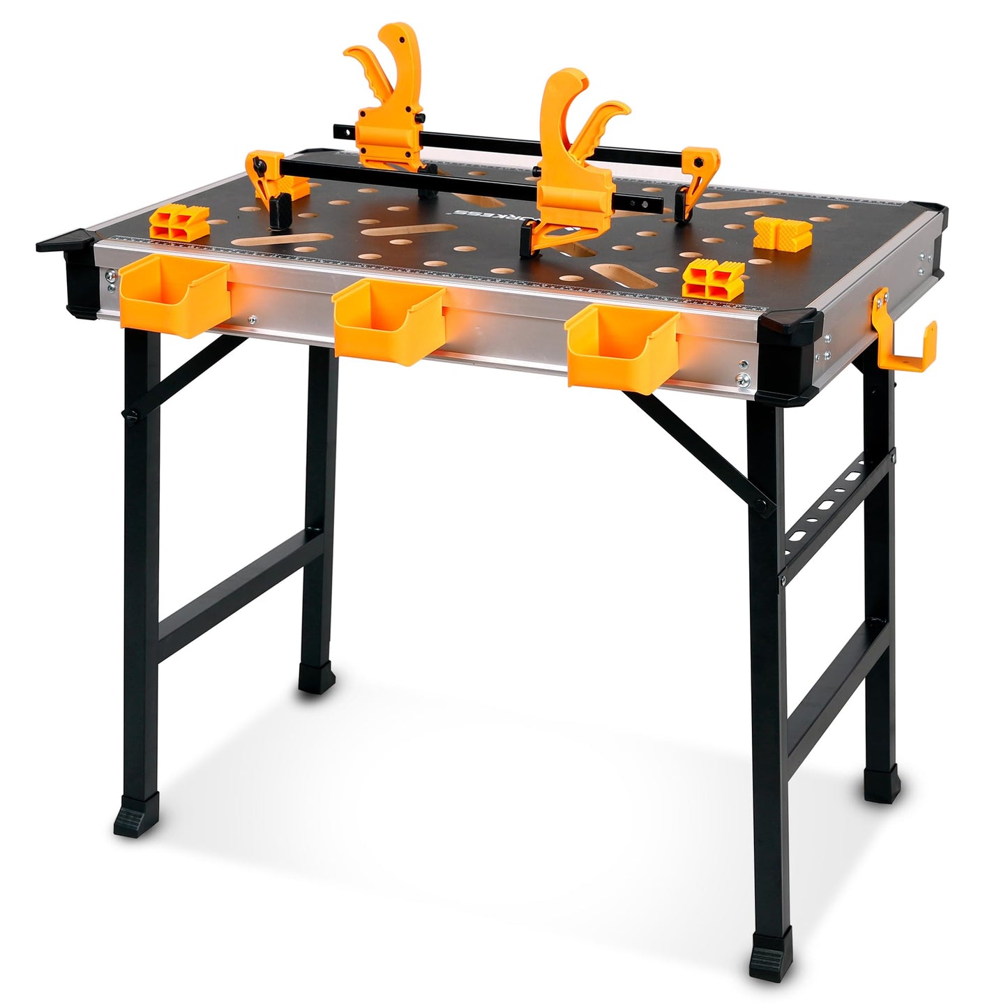WORKESS Portable Workbench 1000Lbs Capacity Heavy Duty Folding Work Table with 2 Quick Clamps, 4 Bench Dogs, 3 Tool Boxes for Garage Easy Storage