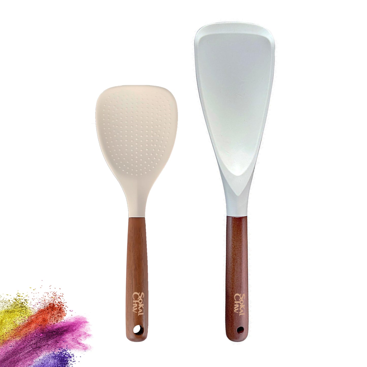 SoKalChw Spatula Spoon and Rice Spoons with Wooden Handle, Food Grade Silicone Great for Cooking, Mixing, Scooper, Scrape, Non stick Heat Resistant (white - Rice set 2 pcs)