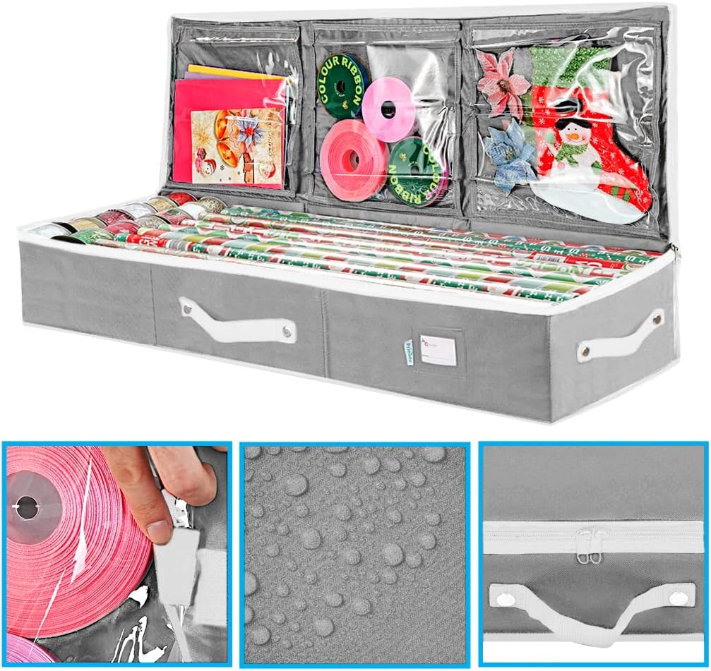 Primode Wrapping Paper Storage Container - Gift Wrap Organizer Under Bed | Holds 18-24 Rolls Up to 40” | Durable 600D Oxford Material | Pockets for Ribbons & Bows (Grey)