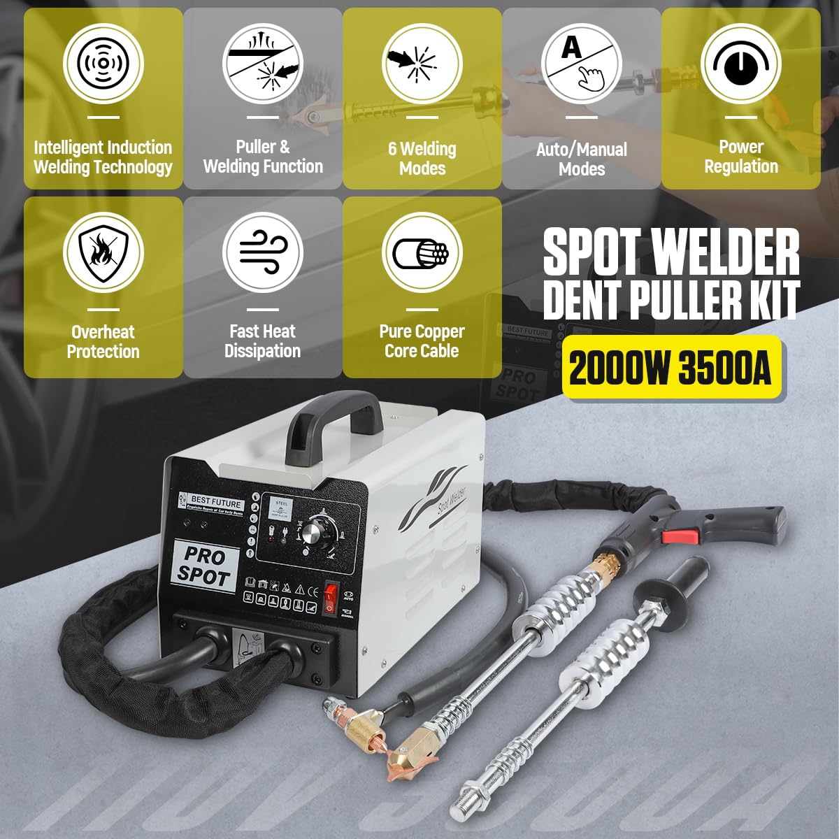 Spot Welder Dent Puller 3800A Dent Puller Machine 6 Modes Dent Puller Welder Intelligent Induction Stud Welder Smaller Welding Spots Auto Car Body Dent Puller Repair Kit 110V with Overheat Protection
