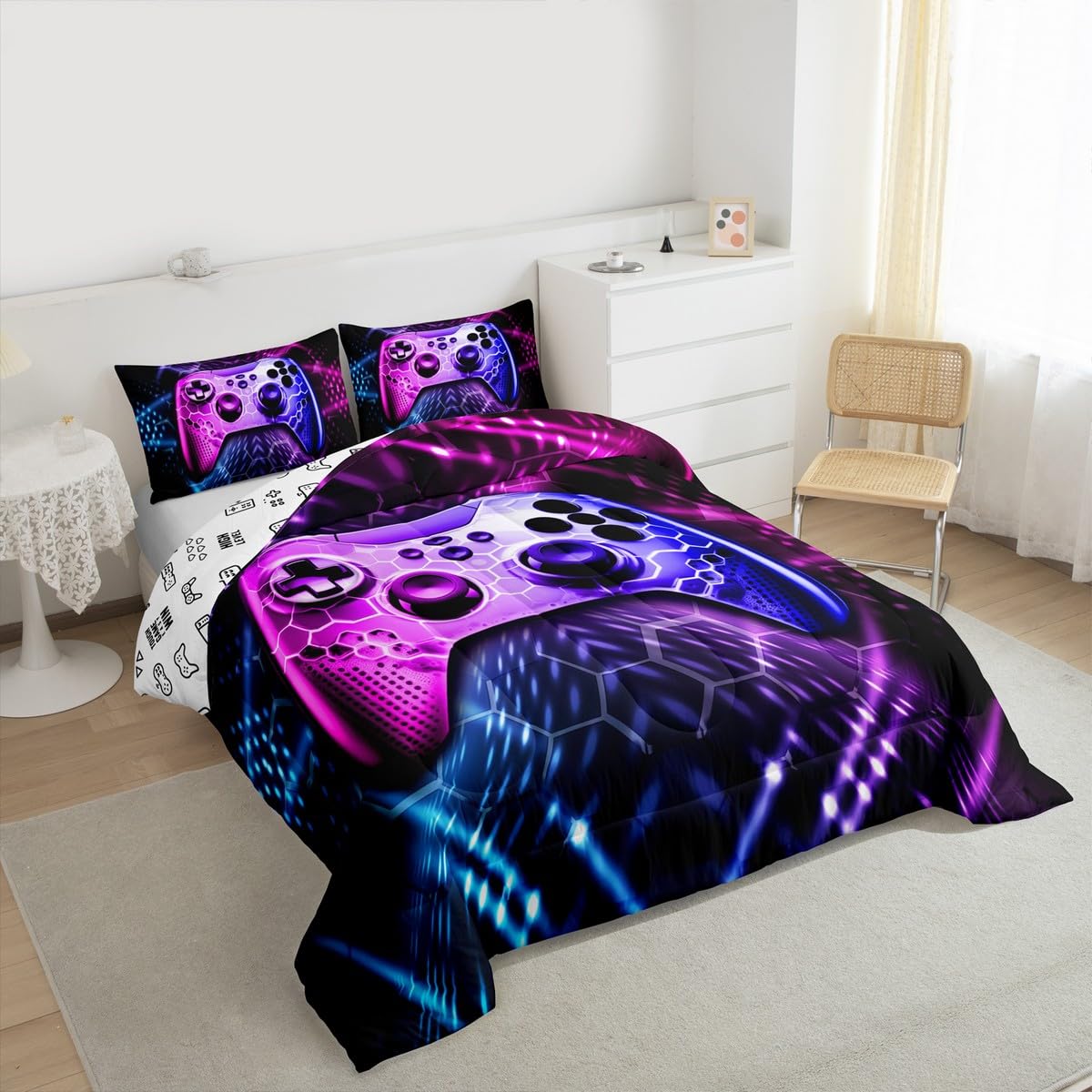 Castle Fairy Teens Gamepad Comforter Set,Modern Gamer Reversible Down Comforter Twin Size for Kids Boys Children Youth,Video Game Bedding Set Player Gaming Duvet Insert for Bedroom,Blue Pink