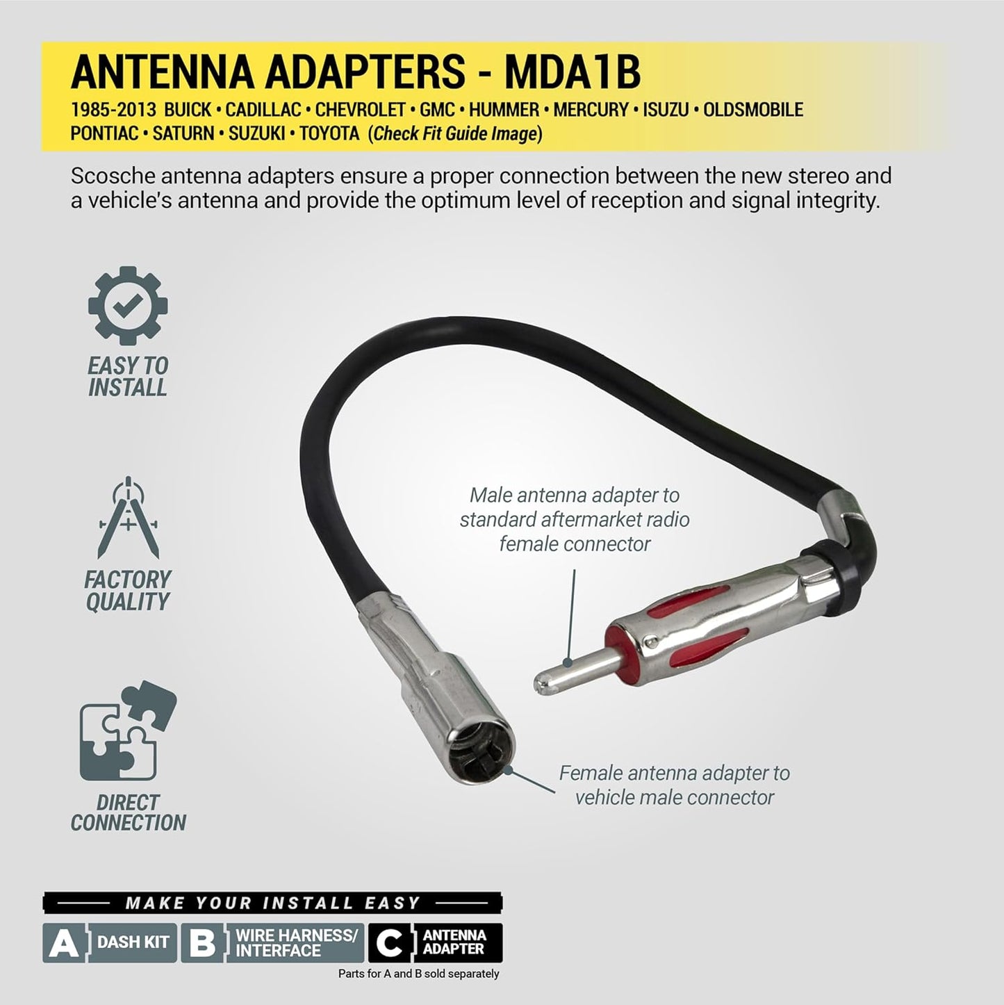 Scosche MDA1B 1985-2013 Micro/Delco Antenna Adapter for Aftermarket Car Stereo Compatible with Select GM and Import