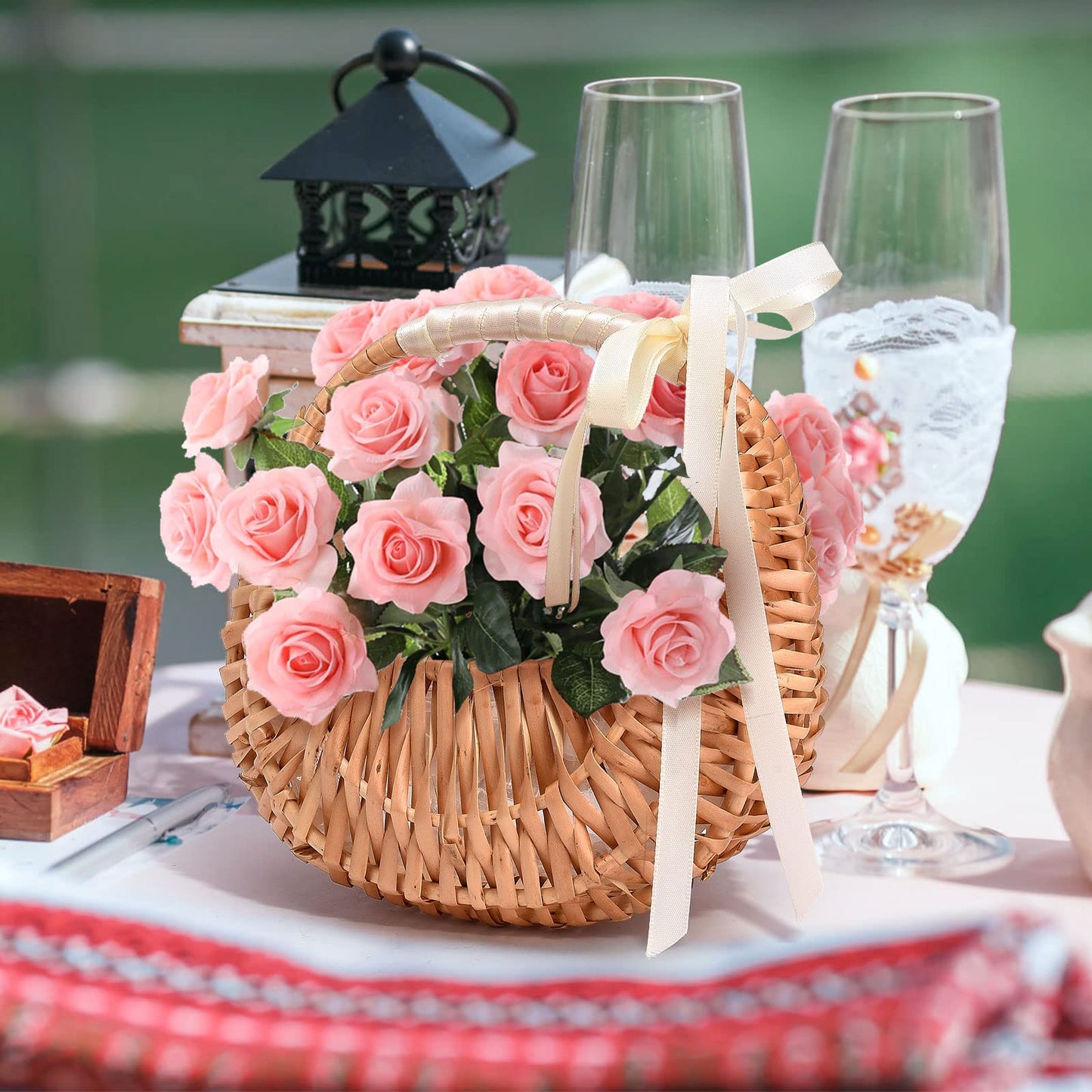 RXMORI 4PCS Flower Girl Basket with Ribbon,Woven Flower Hand Baskets Rattan Baskets Willow Basket with Handles,Willow Handwoven Basket for Wedding Banquet Party Supplies