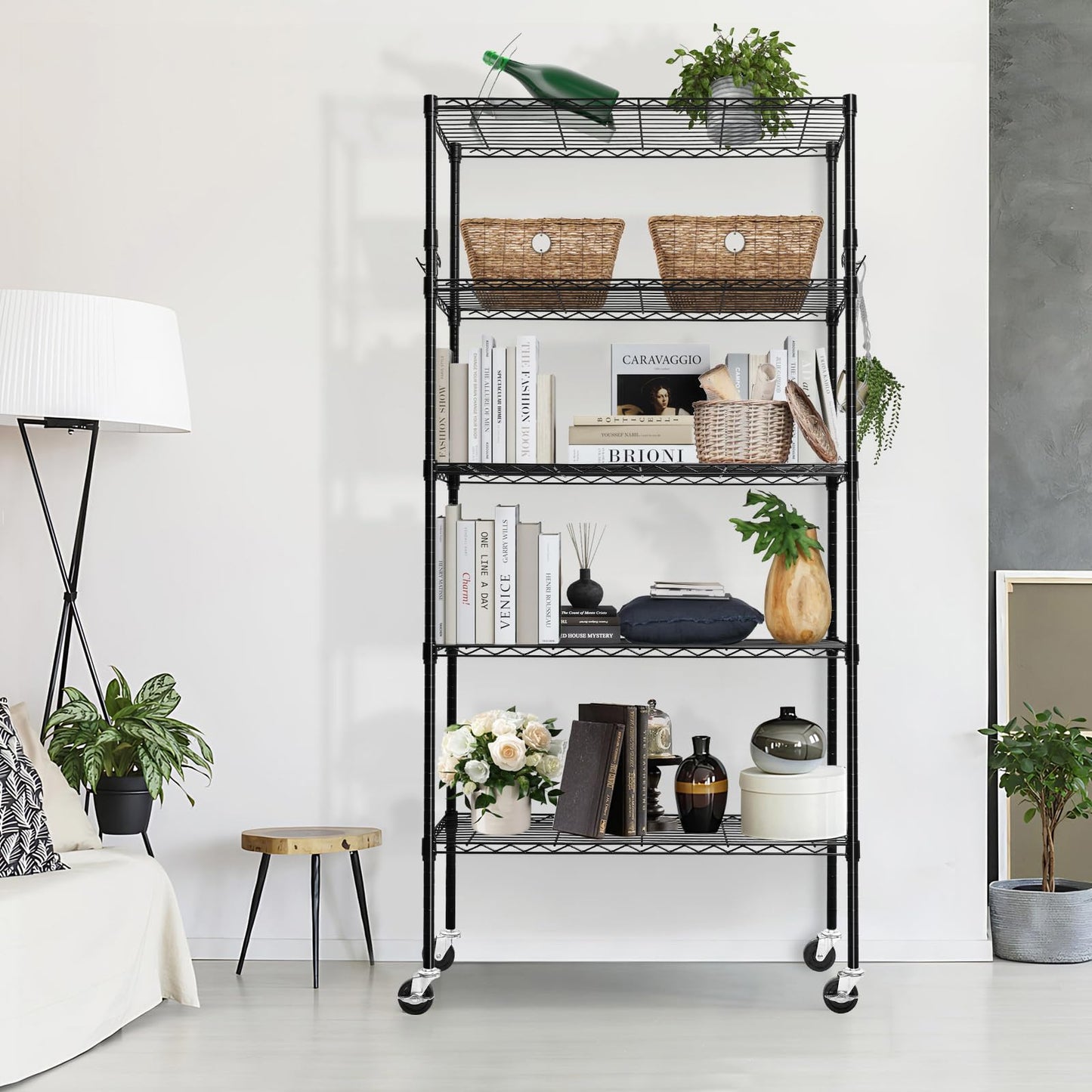 Storage Shelves 75"H Wire Shelving Unit with Wheels 1750LBS Heavy Duty Metal Shelves for Storage Adjustable 5-Tier Garage Storage Rack Kitchen Pantry Shelves Rolling Shelf on Casters, 14"D x36"W x75"H