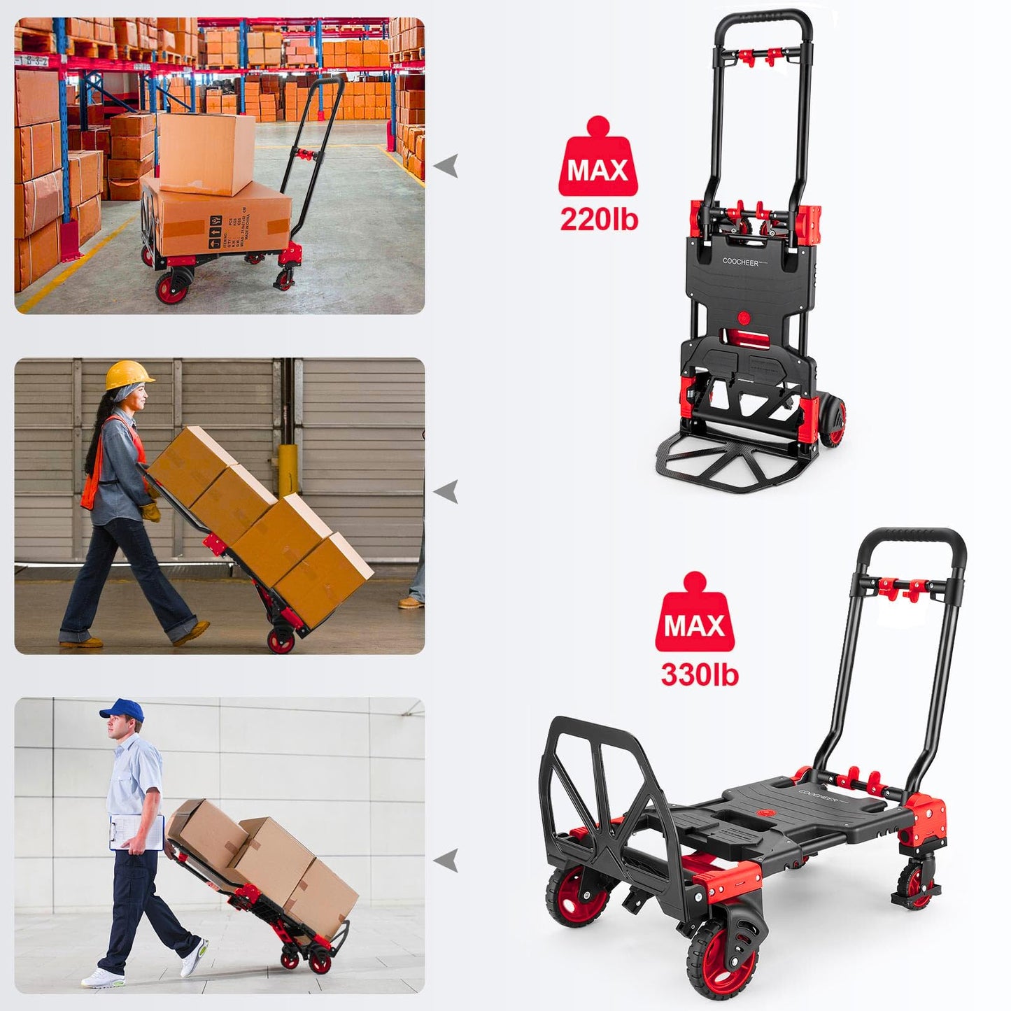 2-in-1 Folding Hand Truck Dolly 330LB Load Carrying, Hand Truck Foldable Dolly with Retractable Handle and 4 Rubber Wheels, Portable Folding Hand Cart for Moving/Travel/Office(Red)