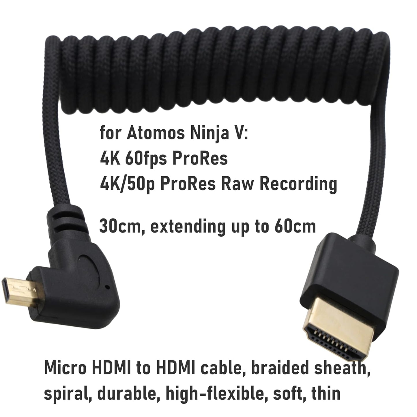 HangTon 8K 4K 60p A7C R6 XT30II, S9 Left Angle Micro HDMI to HDMI Coiled Cable for Ninja V Monitor, Sony R, Canon mkII