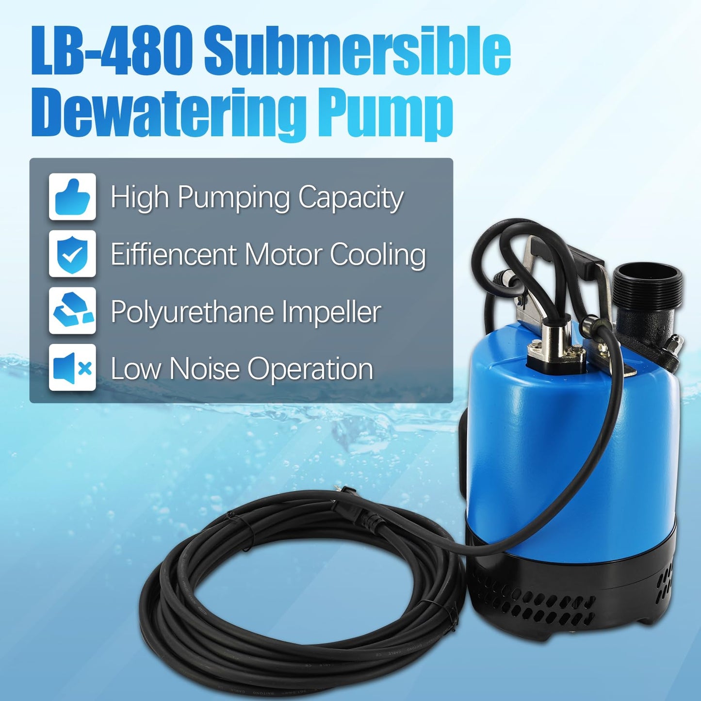 LB-480 2/3 HP 115 V Auto Float Switch Submersible Dewatering Pump Replacement for LB-480-62 LB480 2'' Straight Male NPT Submersible Drainage Utility Pump Single Phase 50 GPM / 3000 GPH