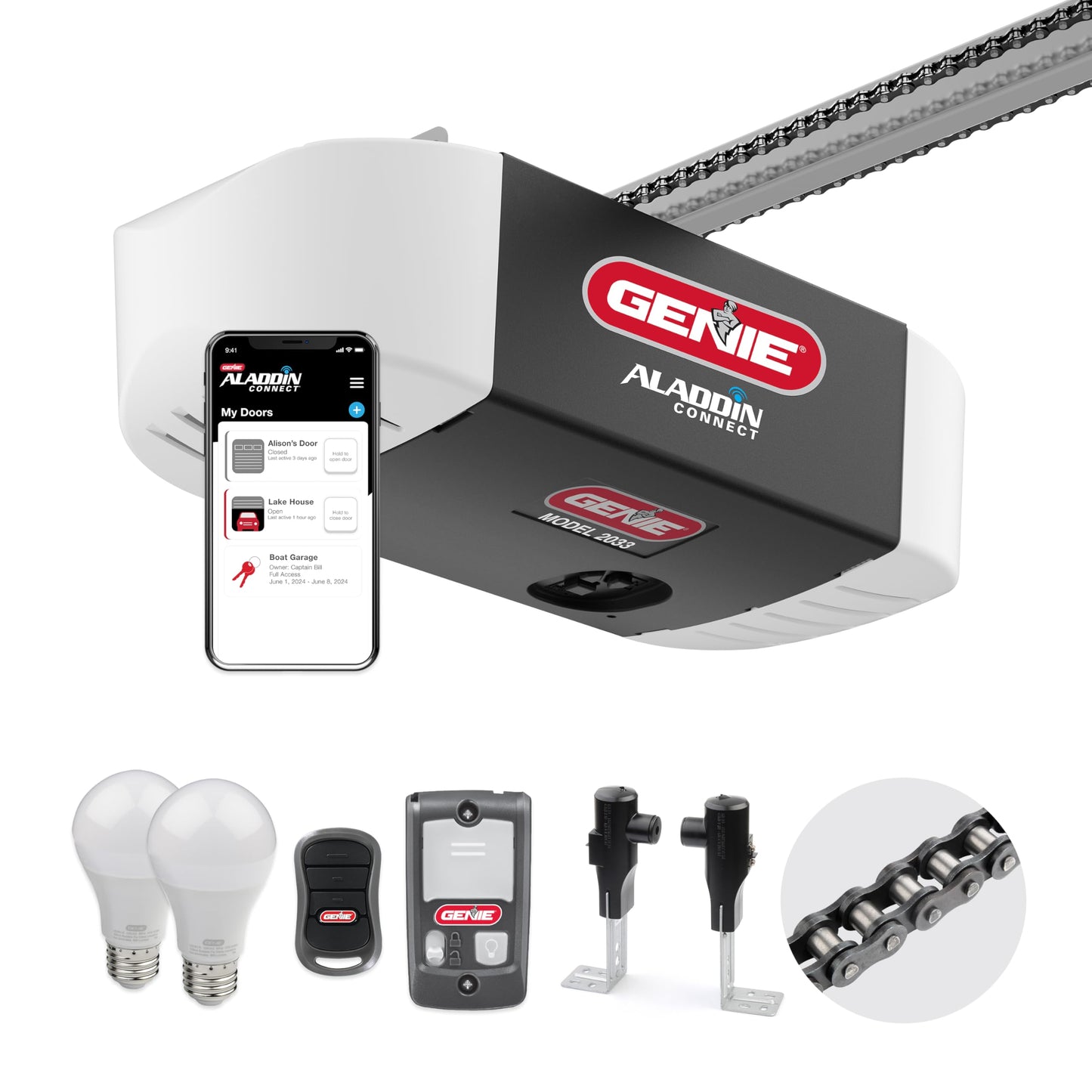 Genie Smart Garage Door Opener with WiFi - Chain Drive with LED Lighting - Works with Alexa, Google Assistant, SmartThings - Includes Remote, Sensors - Model Chain Glide Connect - Black