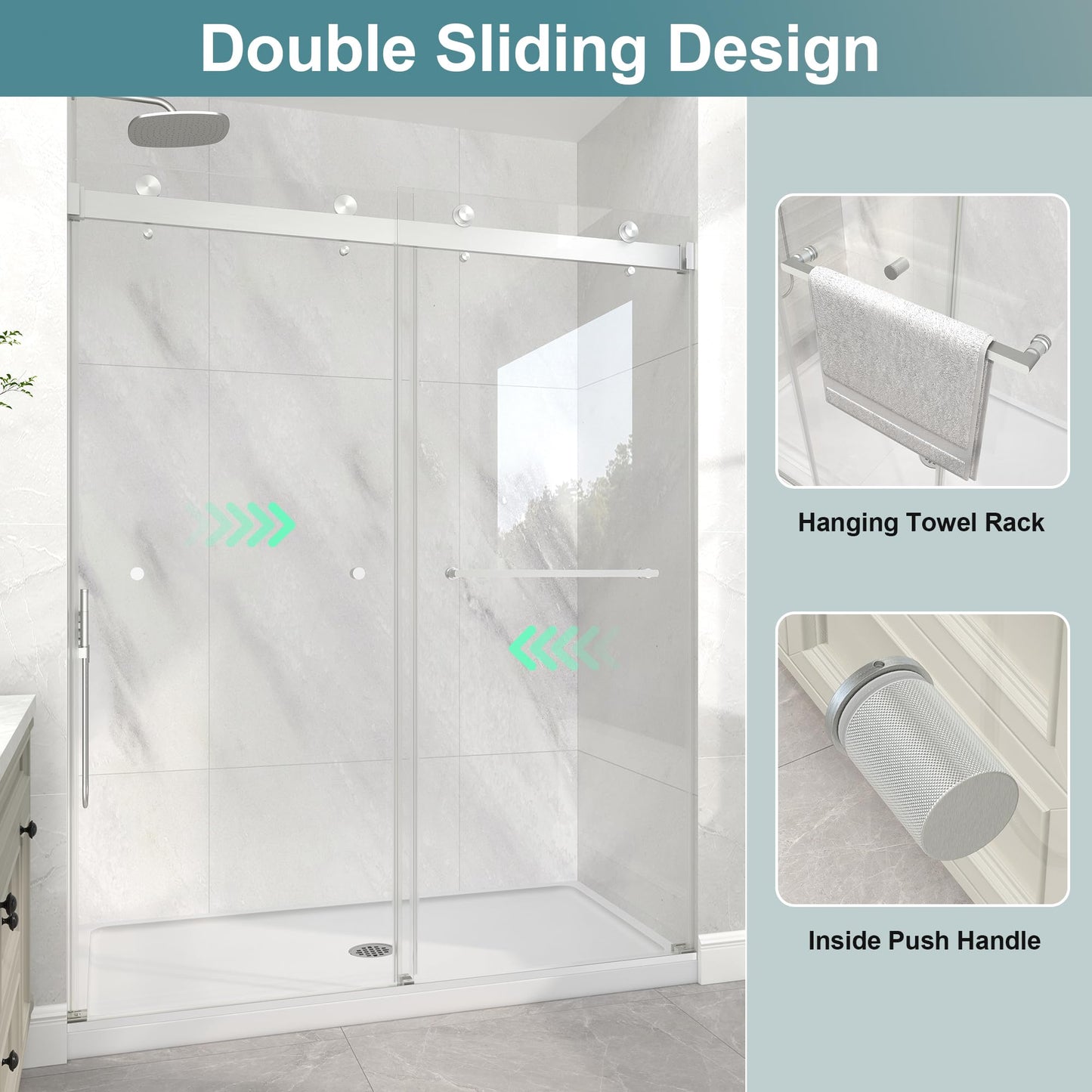 KPUY Frameless Shower Door, 49-54" W x 76" H Double Sliding Glass Shower Door, 1/4" (6mm) Thick Tempered Clear Glass with Explosion-Proof Film Nano Coating, Brushed Nickel