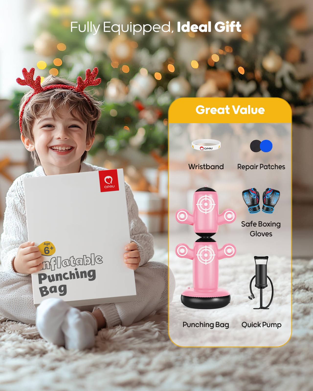 QPAU 360° Rotatable Punching Bag for Kids, Lager 64” Kids Punching Bag with Gloves, Hand Pump & 6 Targets, Bop Bag Inflatable Punching Toy, Karate Gifts for Boys, Girls (Pink)