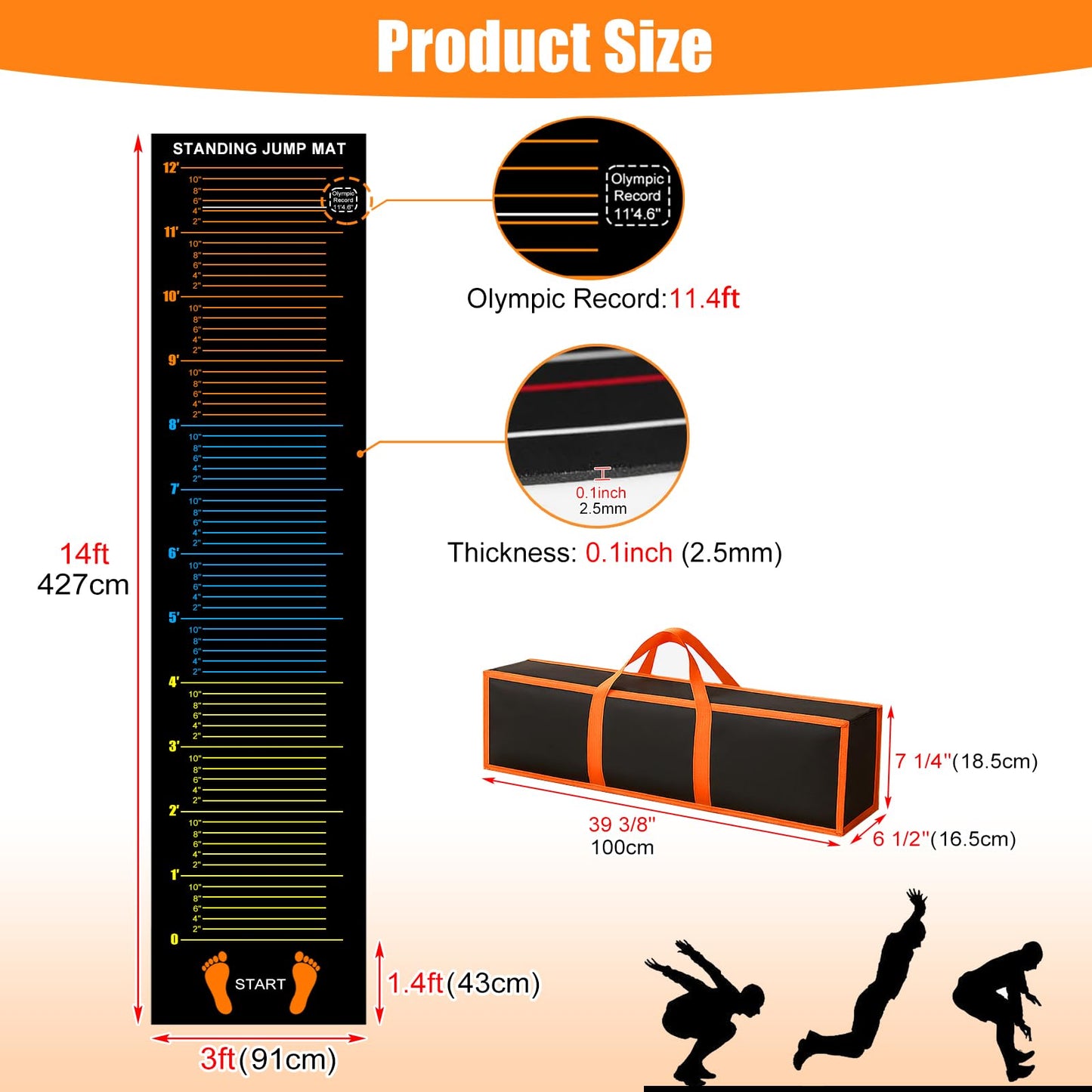 Standing Long Jump Mat, Non Slip Broad Jump Measurement Mat with Storage Bag, Sports Training Mats for Gym, School Athletics & Home Workout