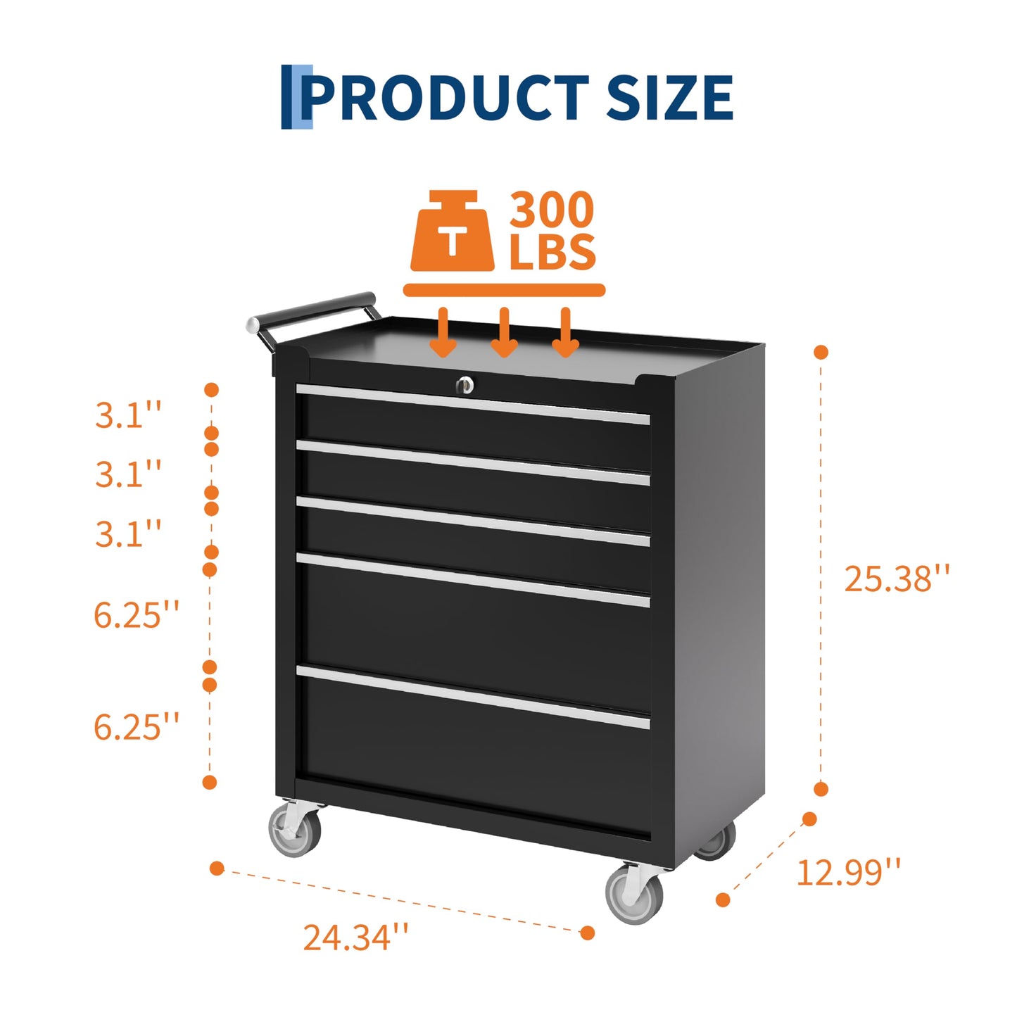 Rolling Tool Chest, 5 Drawers Tool Storage Cabinet with Wheels, Portable Tool Cabinet Organizer with Locking System & Drawer Liners,Universal Lockable Wheels, Tool Storage Cart for Garage, Workshop