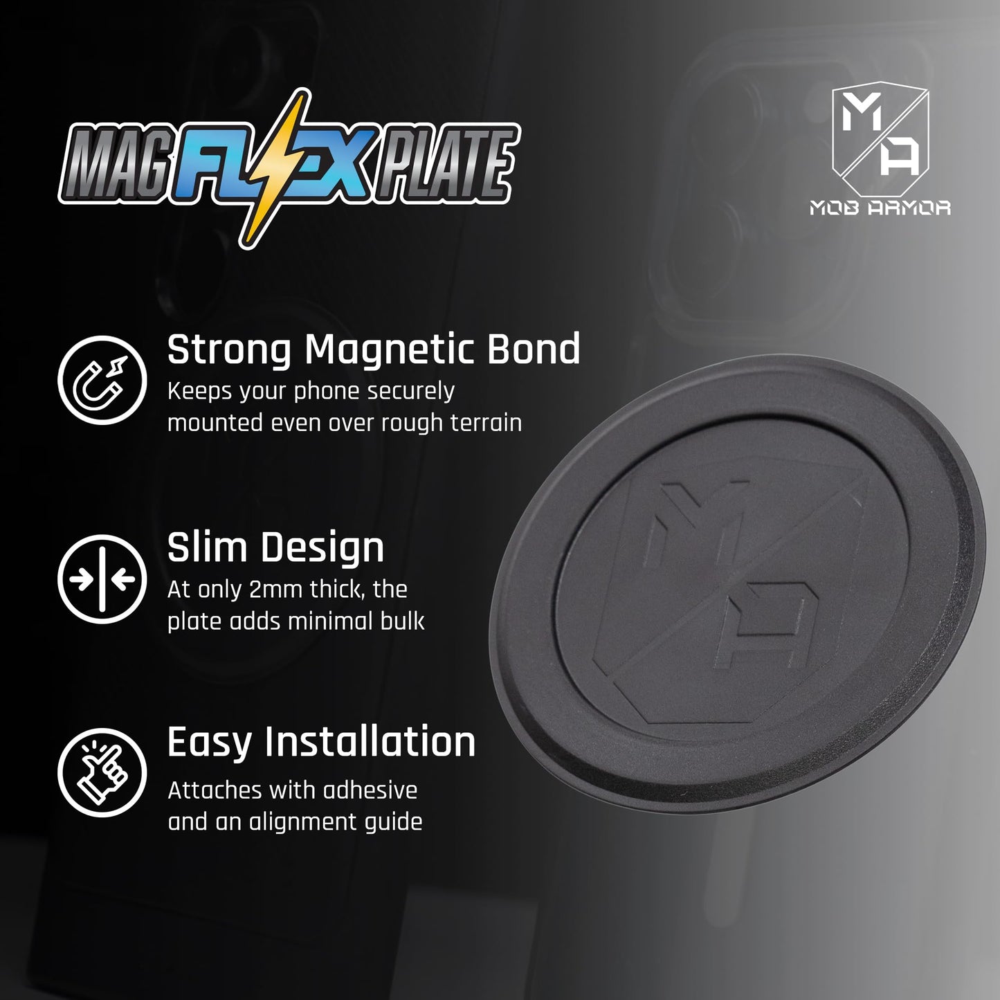 Mob Armor Magnet Flex Plate - Magnetic Phone Mount Compatible for iPhone & Android, Wireless Charging Compatible - 2mm Slim Rubber Magnetic Plate for Car Mounts, Home & Gym, Supports MagSafe Devices