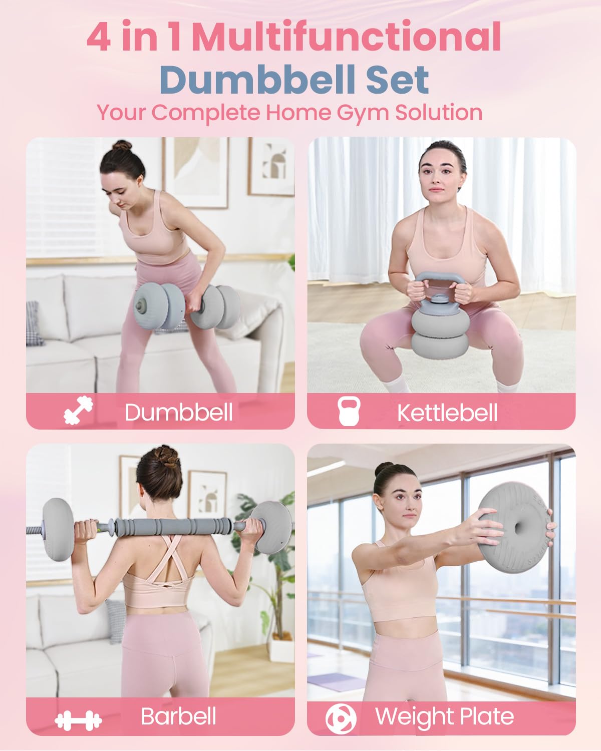 kisnbld Adjustable Dumbbell Set, 13/18/22/35LBS SoftShell Weight Set with Connector 4-IN-1 Dumbbell Set Used as to Barbell & Kettlebell for Home Gym, Fitness Exercise for Men Women Beginners, Gray