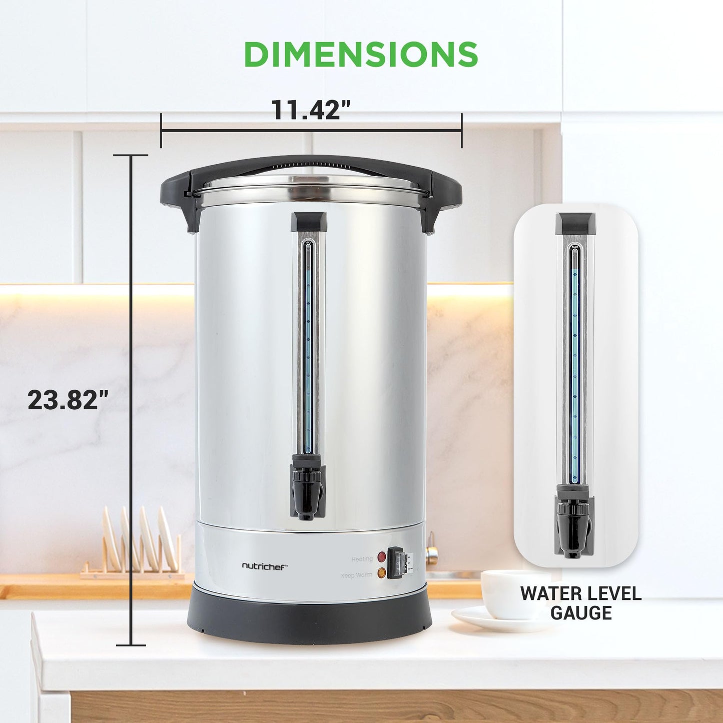 NutriChef Water Boiler and Hot Water Dispenser, 19L Electric Beverage Dispenser with Safety Lock Lid, Non-Drip Tap, Warm Function, Food Grade Stainless Steel, Home & Commercial Use, 19"x9"x9", Silver