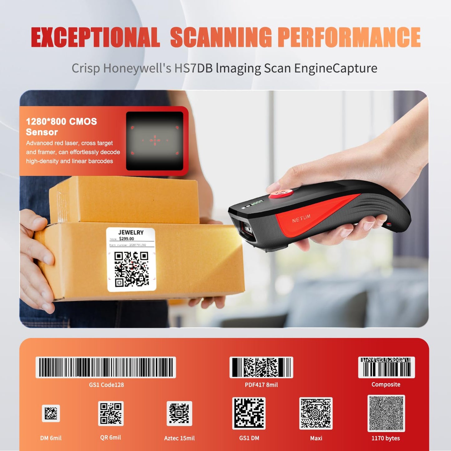 NETUM CS9000 Bluetooth QR Code Scanner– Upgraded Wireless Barcode Scanner with Honeywell's Scan Engine, Portable 2D Code Reader for Inventory Management for Tablets, Android, iOS, PC and POS Systems
