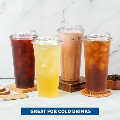 Freshware 24 oz Clear Disposable Plastic Cups - Heavy-Duty Tumblers with Strawless Sip Lids | 100 Pack for Parties