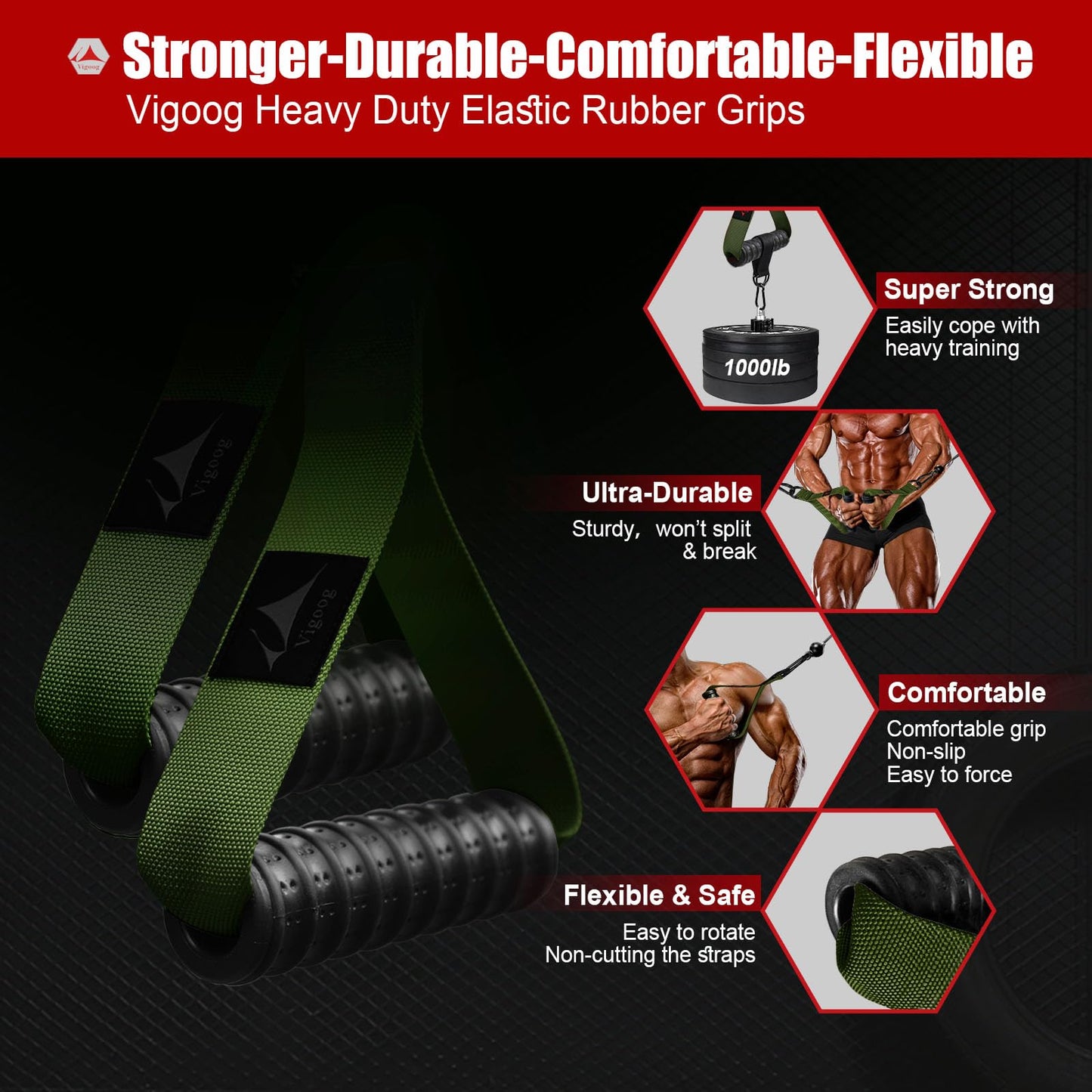 Vigoog Heavy Duty Gym Workout Handle Attachments - Powerful, Comfortable & Anti-Slip Rubber Exercise Grips for Cable Machines, Pulley Systems and Other Fitness Equipments