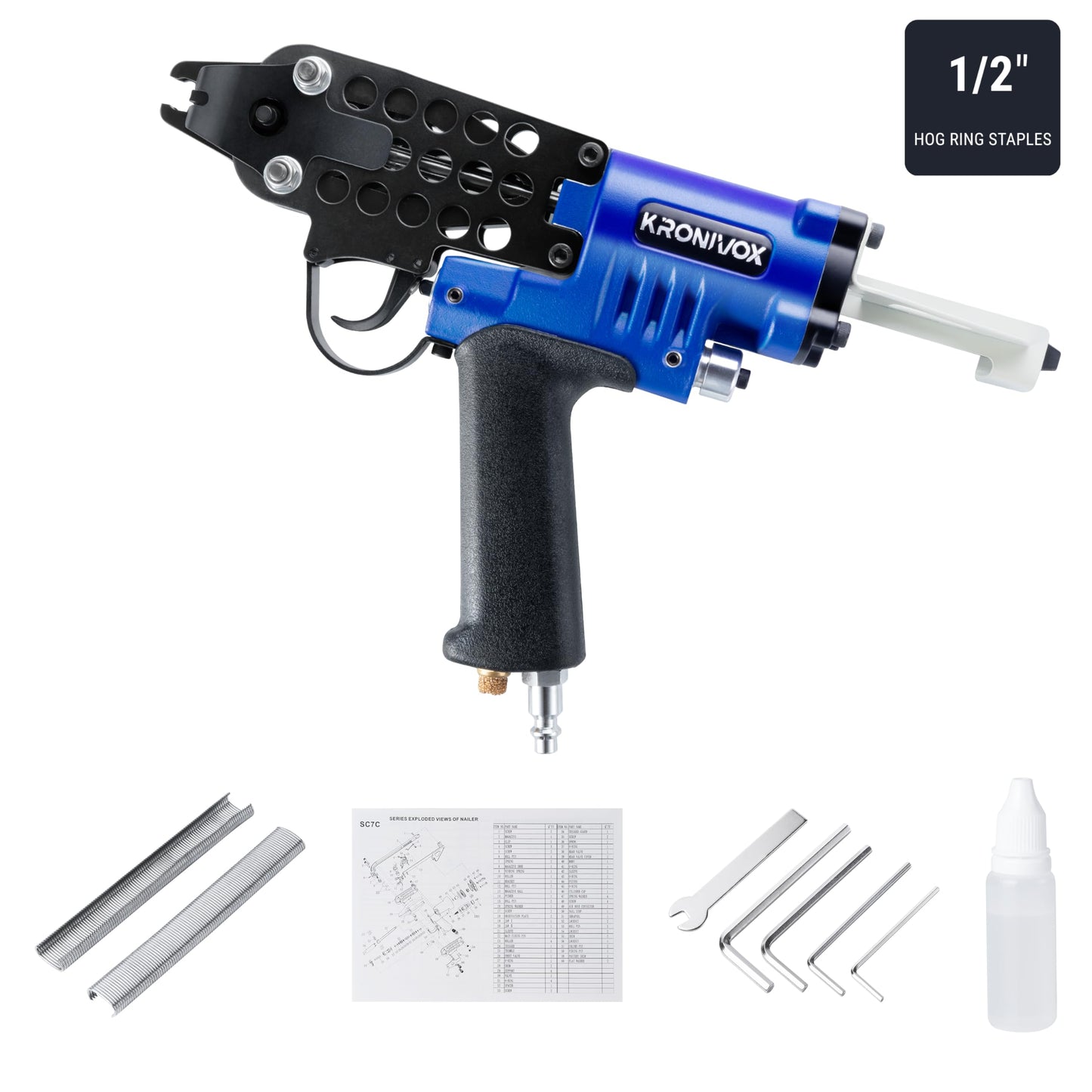 Kronivox Pneumatic Hog Ring Pliers, 16-Gauge 1/2" Crown C-Ring Stapler, 2.6–3.6 mm Closure, Lightweight Hog Ring Gun for Upholstery, Pet Cages & Bag Closing