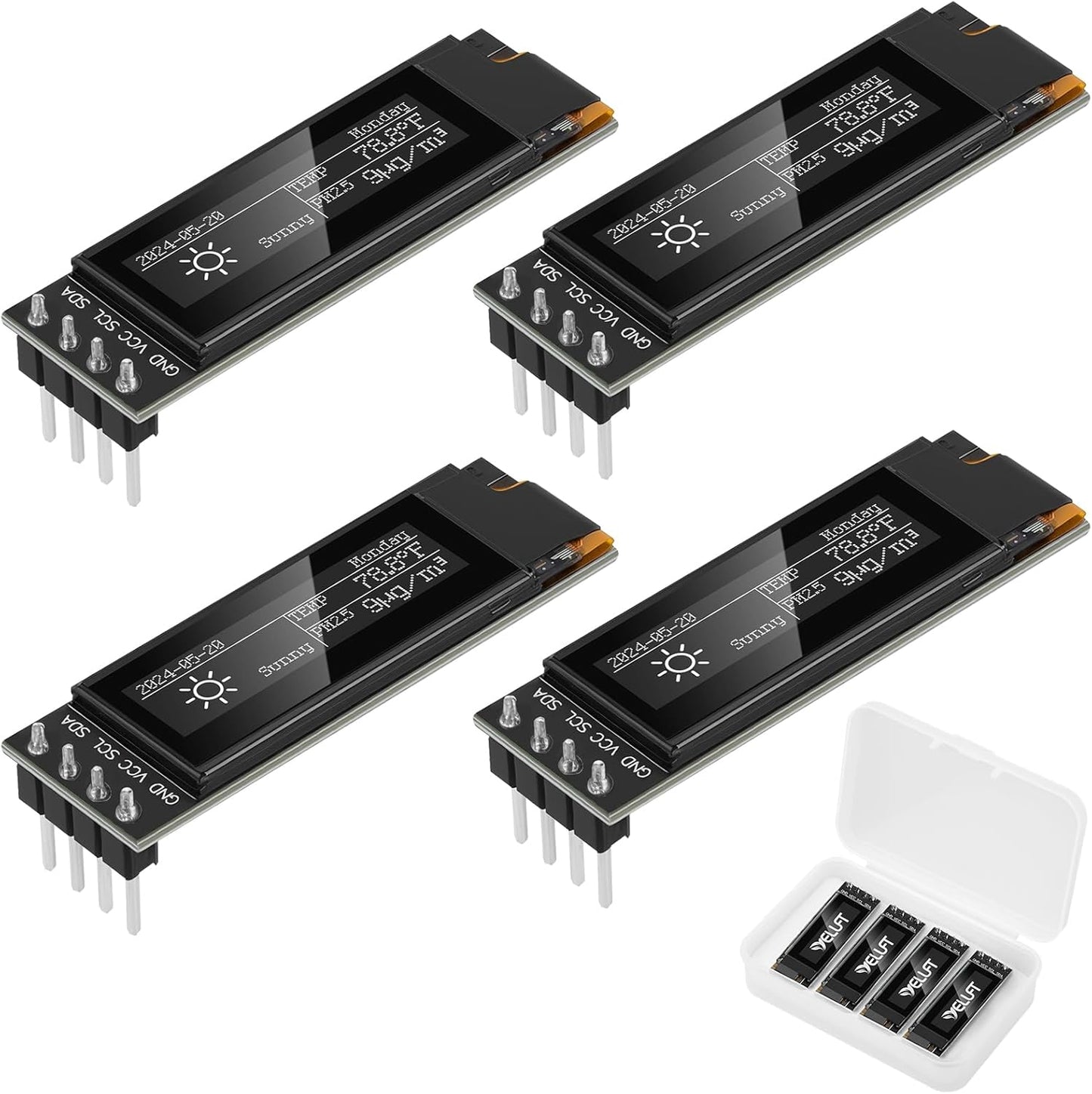 YELUFT 4pcs 0.91 Inch I2C 128 32 SSD1306 3.3V~5V Pi/ESP32 Pre-Soldered OLED Display Module with Protective Case x Pixel