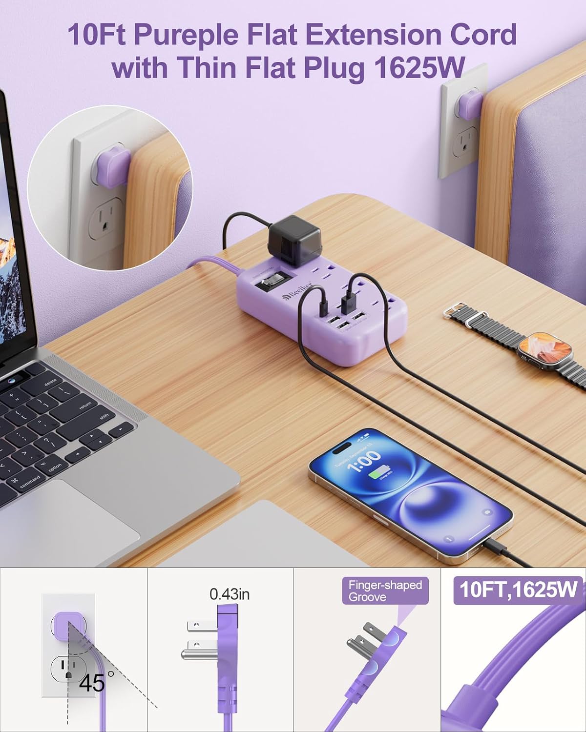 Beeiker 6 USB(2 10 24W 4 USB C) Purple Surge Protector Power Strip- Ft Purple Extension Cord with USB Charging Station