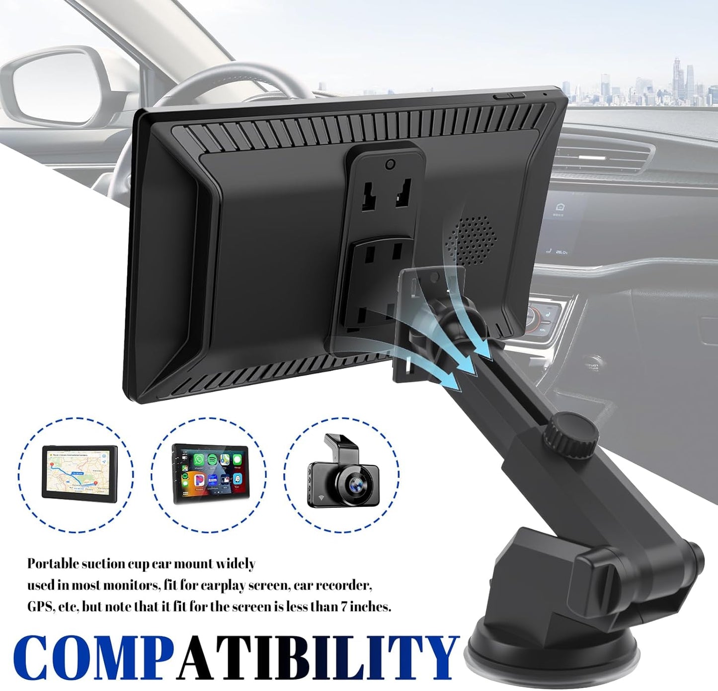 VKQTS 360 240 7 Inch Rotatable Carplay Mount,Windshield Suction Cup Mount with Adjustable Extension Arm,Portable