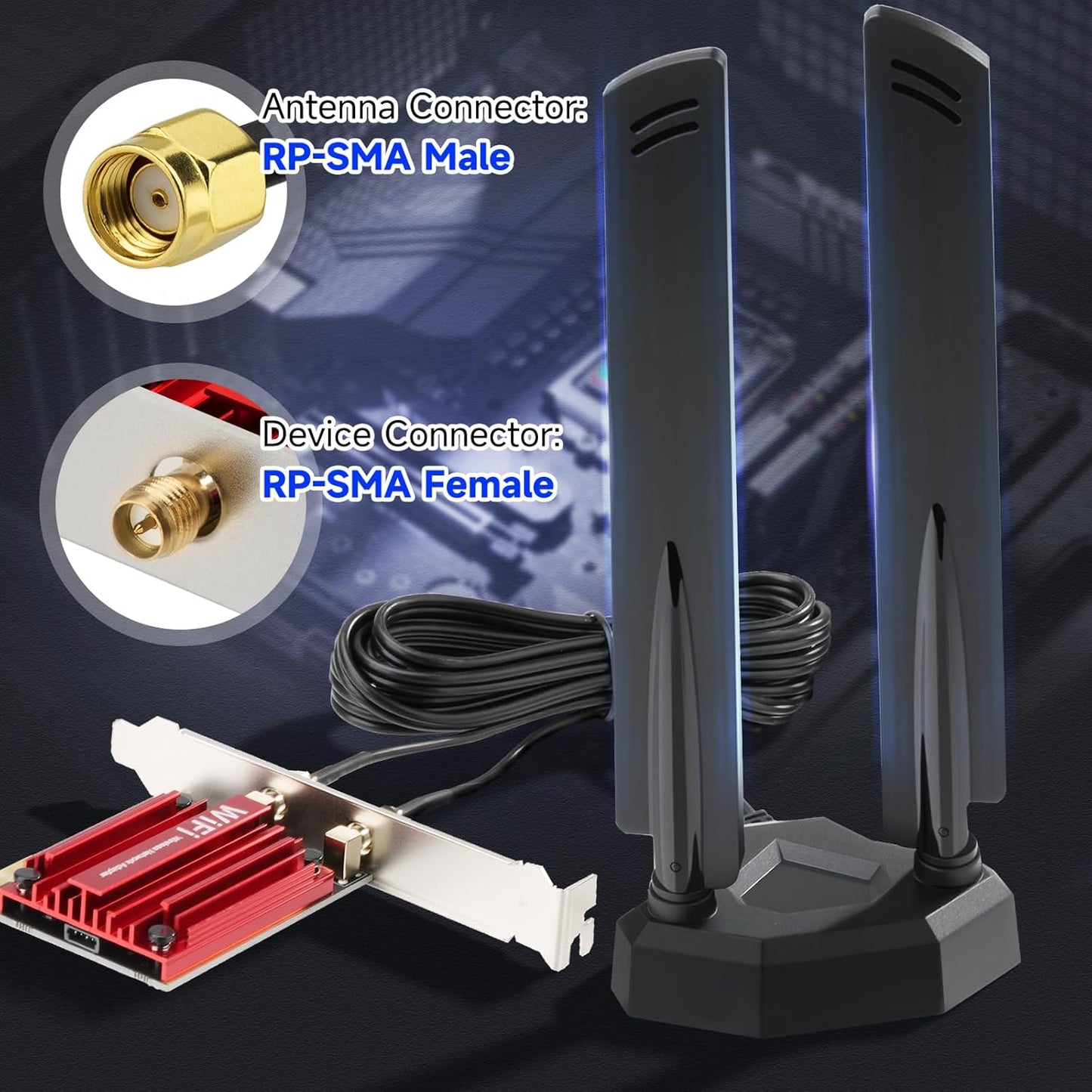 Eightwood 7 6GHz 5GHz 2.4GHz 7 WiFi Antenna Tri-Band RP-SMA Antenna with Magnetic Base for PC Desktop Computer Gaming